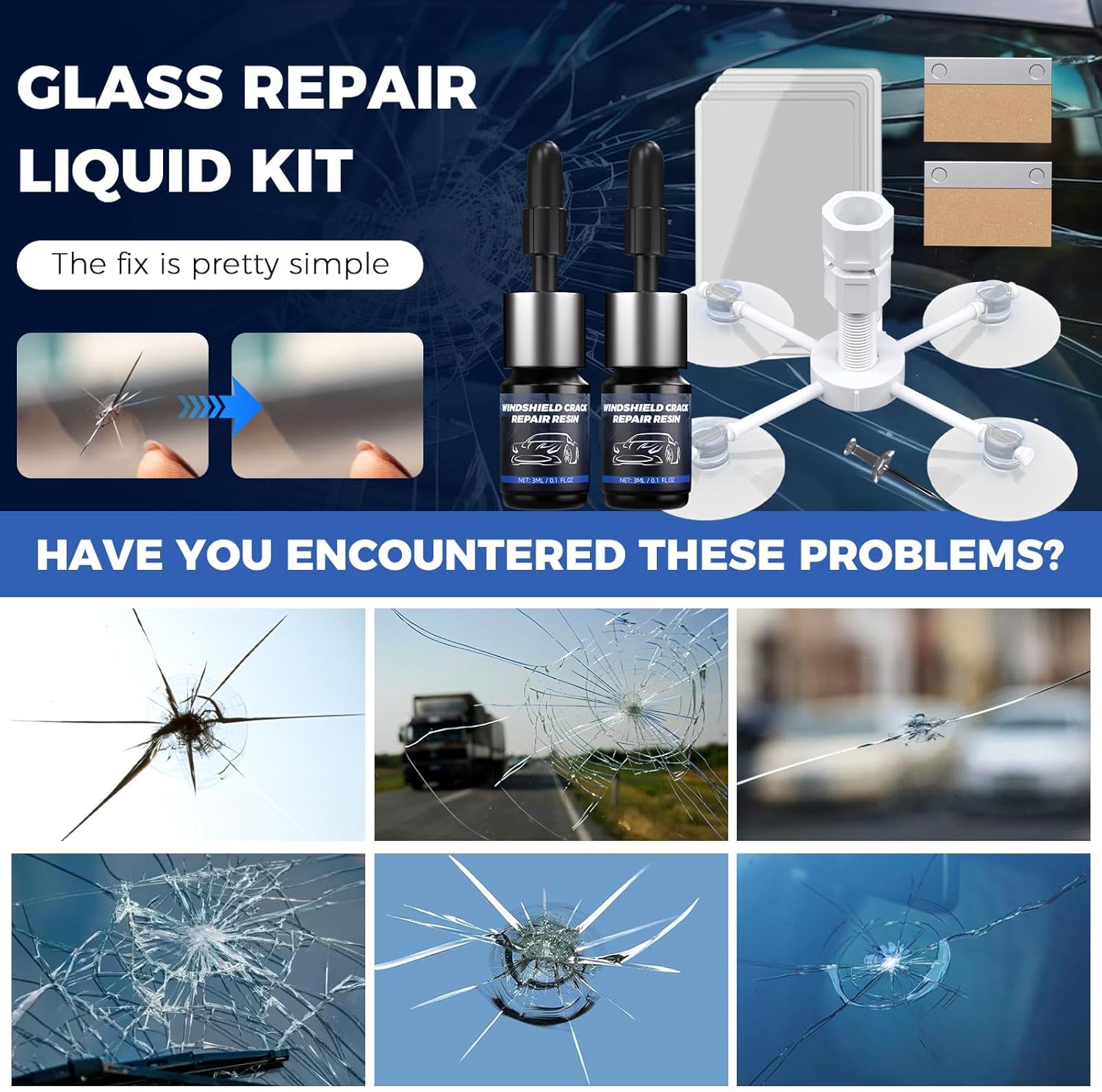 NASILOOP windshield repair kit with glass repair fluid and tools for quick car windshield crack fixes.