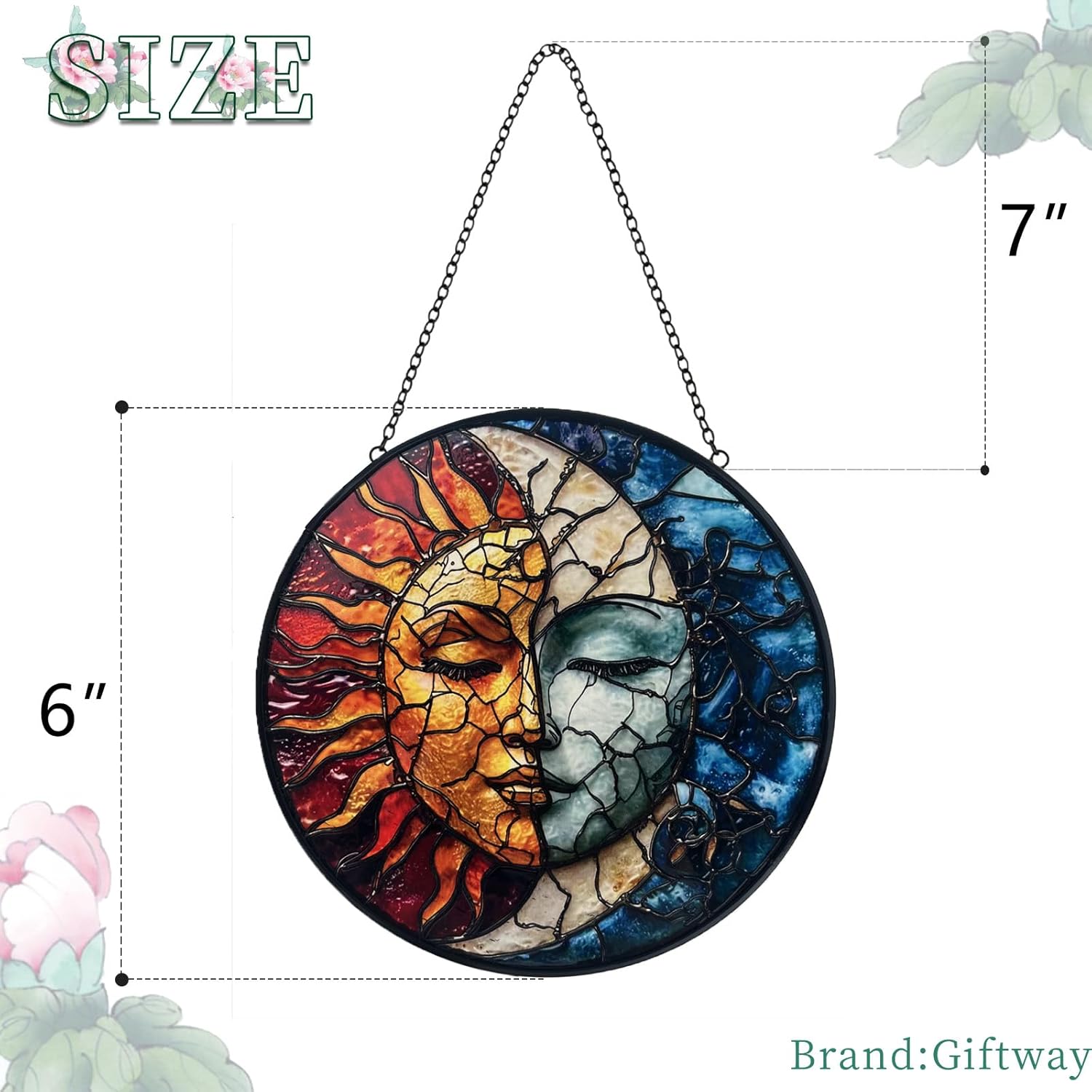 Colorful sun and moon stained glass suncatcher hanging decor for windows, featuring vibrant glass pieces and a decorative design.