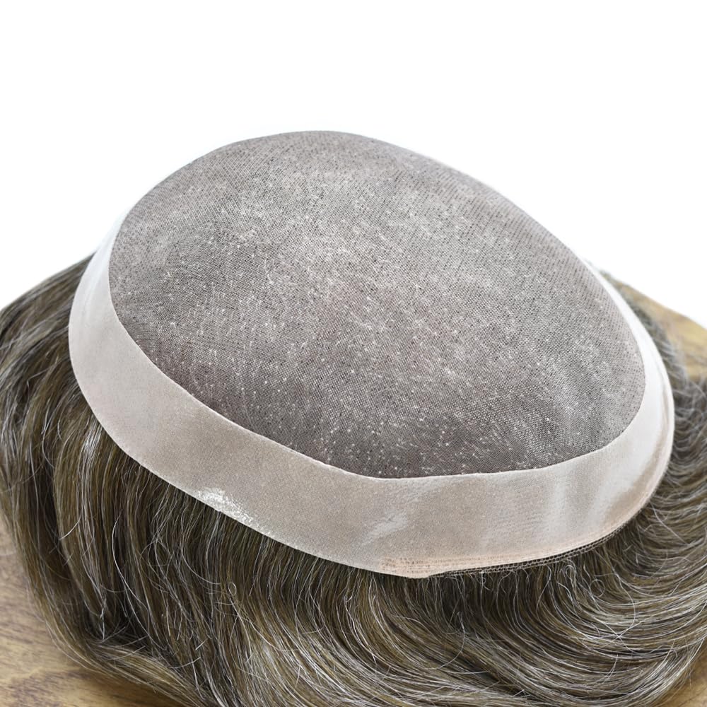 Curve Hair Mens Toupee Human Hair Piece Replacement System Monofilament Wig Hair Unit for Men Durable Poly Coated Mens Hairpiece (#640 Light Brown+40% Gray, 7"X9")