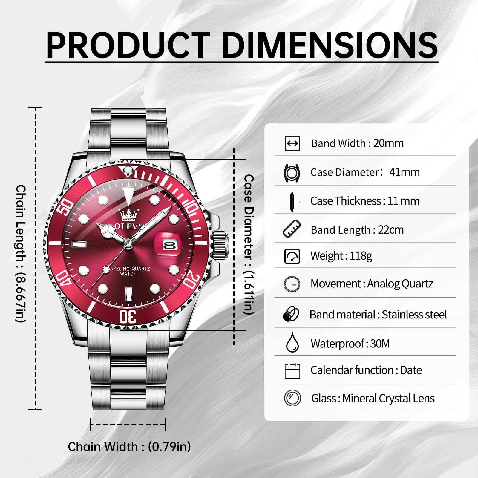 OLEVS Men's Silver & Red Dial Dress Watch Quartz Date Steel