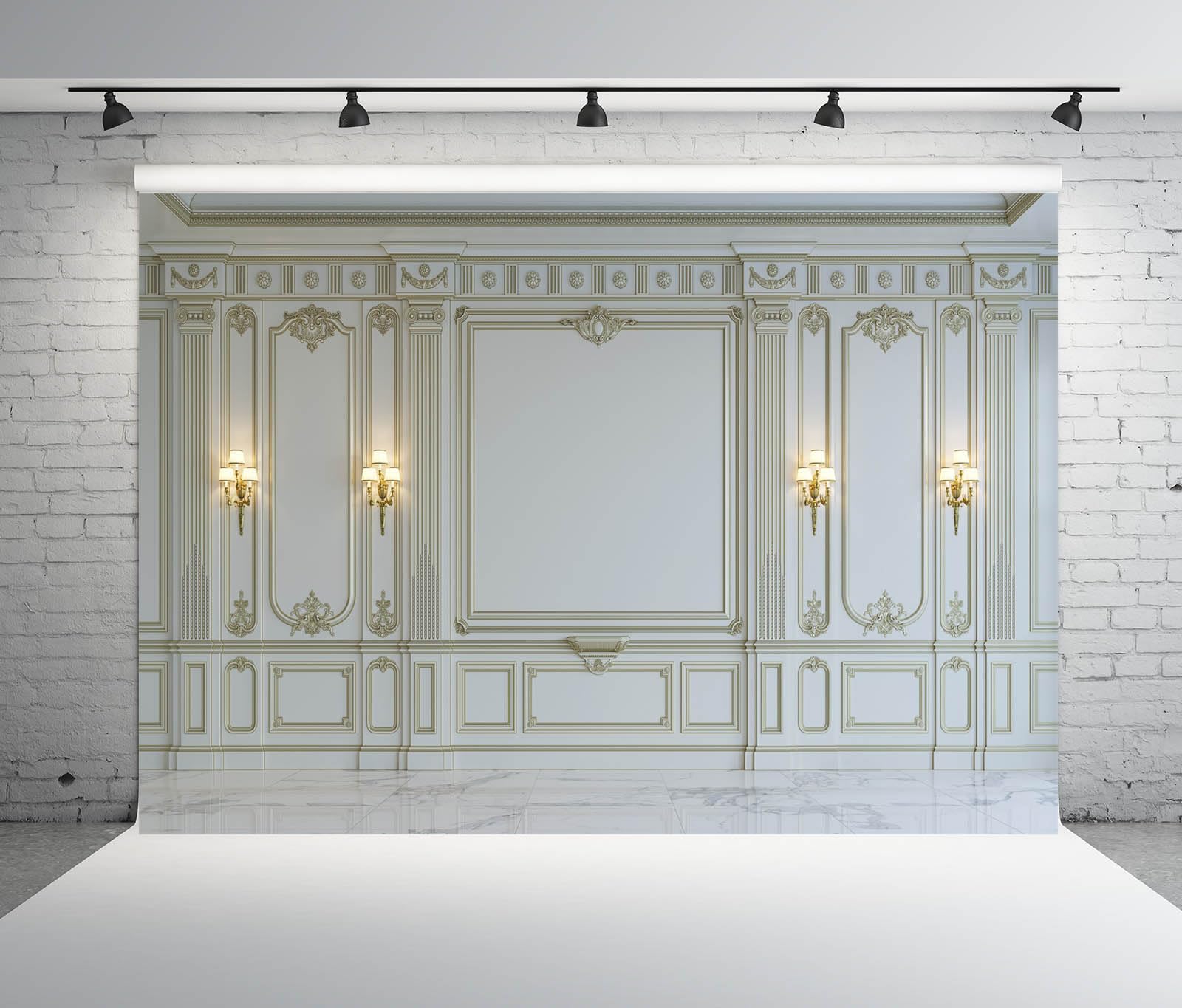 BELECO vintage fabric backdrop featuring a classic white wall with European-style frame, perfect for photography and event decoration