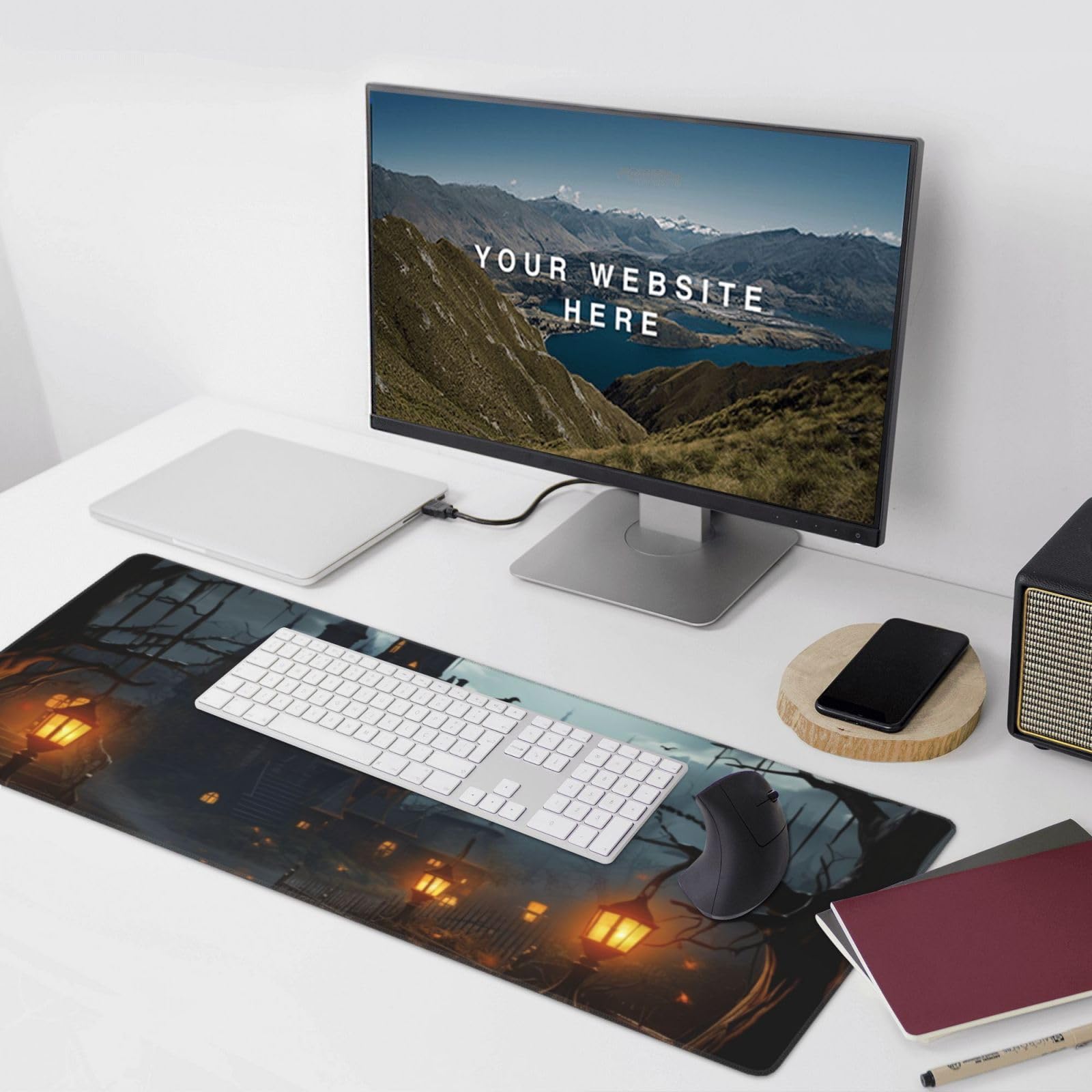 Large DDTKLSNV gaming desk pad featuring stitched edges, non-slip surface, and a gloomy castle and witch design for gaming and office use.