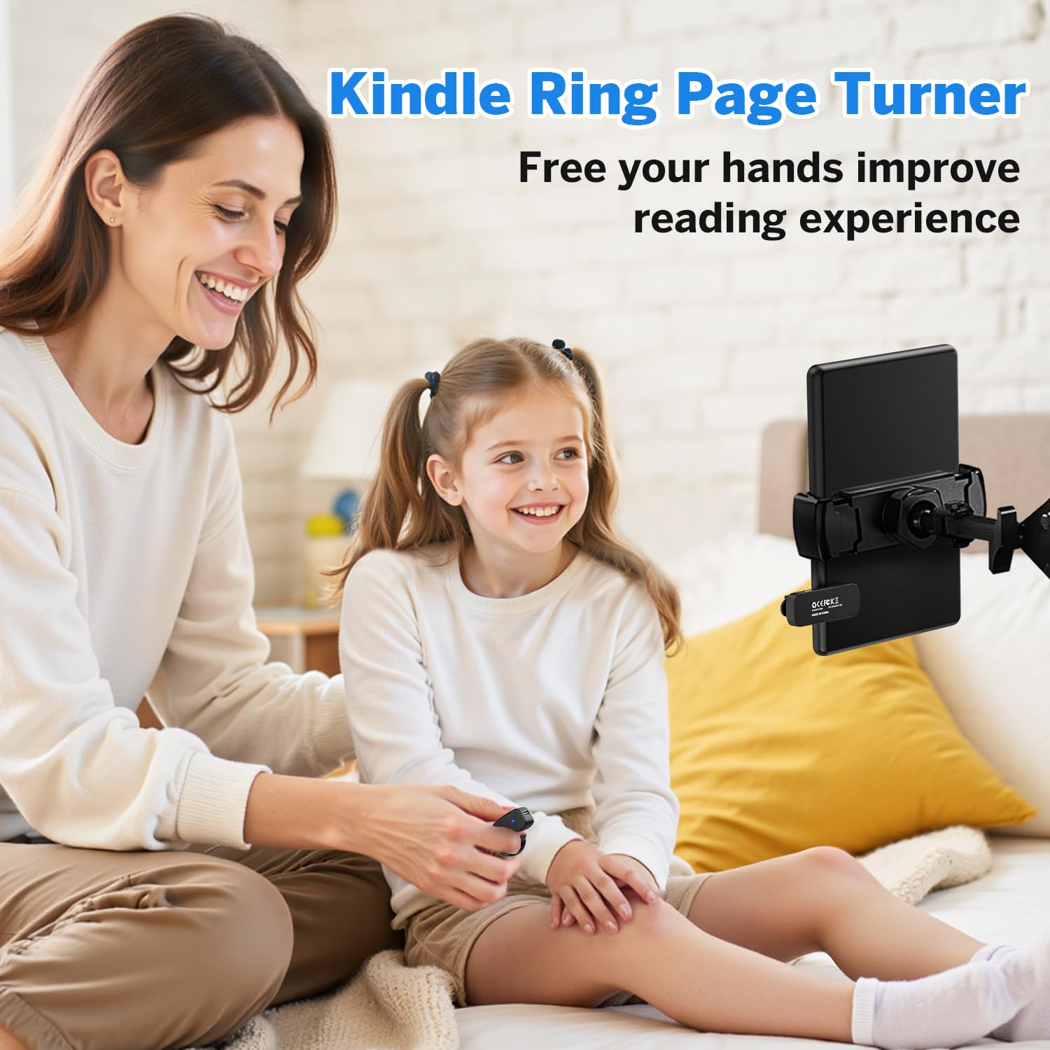 JIMZOO Page Turner Ring remote control for Kindle, iPhone, iPad, tablets, and eReaders, shown on a device in a close-up image.