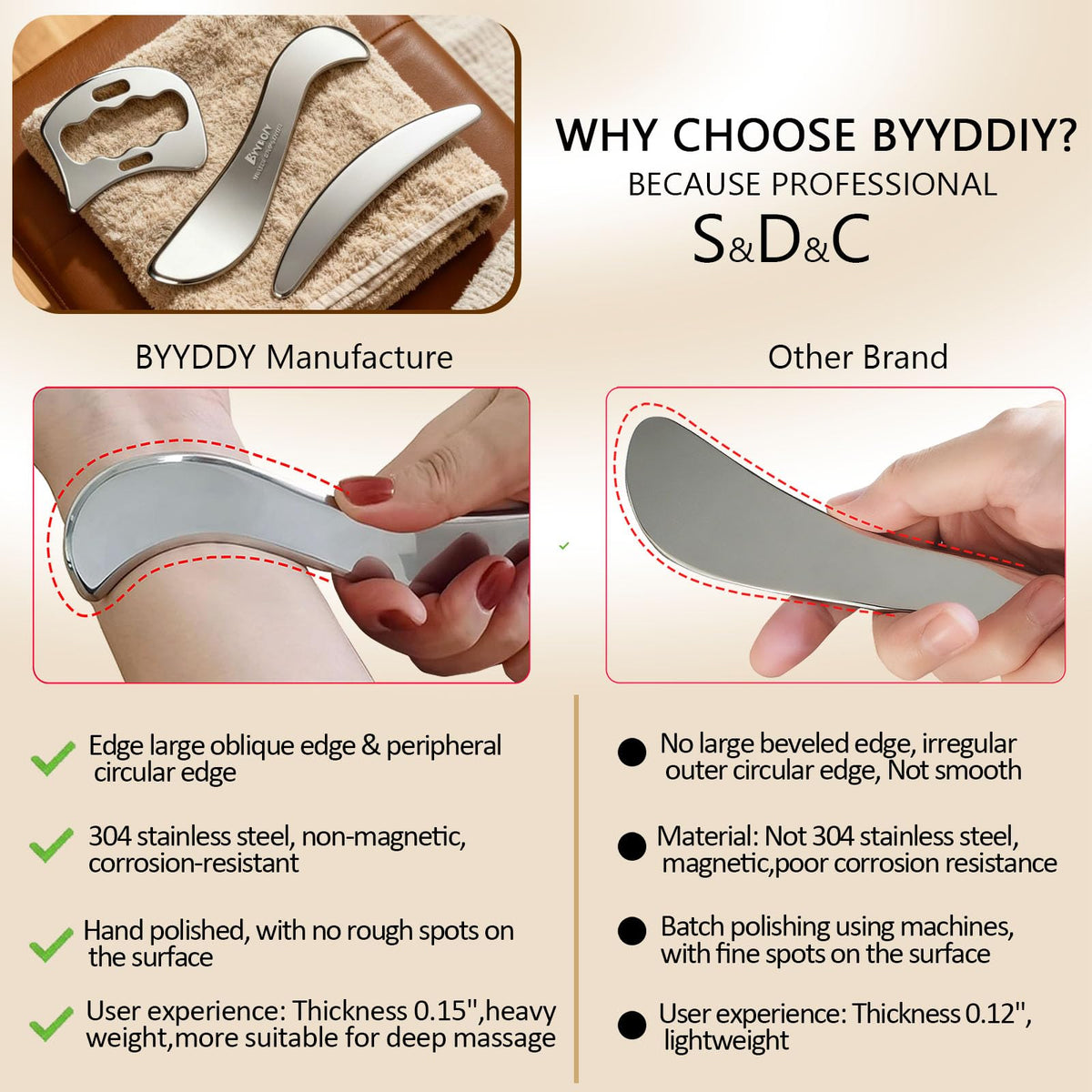 Non Magnetic 3 in 1 Stainless Steel 304 Muscle Scraper Tools - BYYDDIY Official Imagery - 3