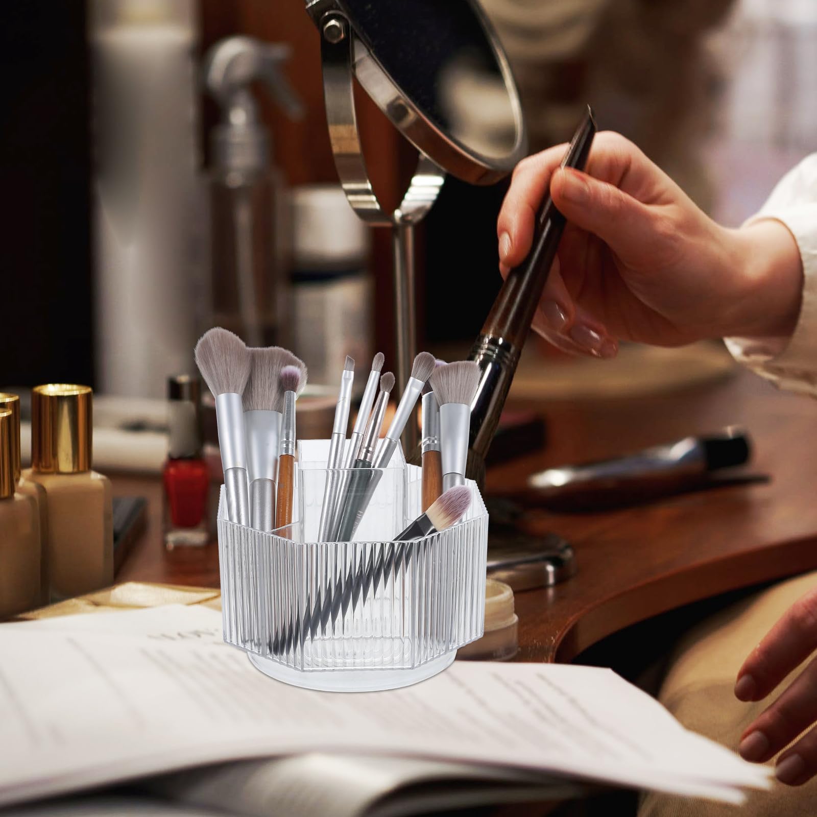 VILLCASE rotating makeup brush holder caddy with lid, 360° swivel compartments for cosmetic tools and eyebrow pencils.