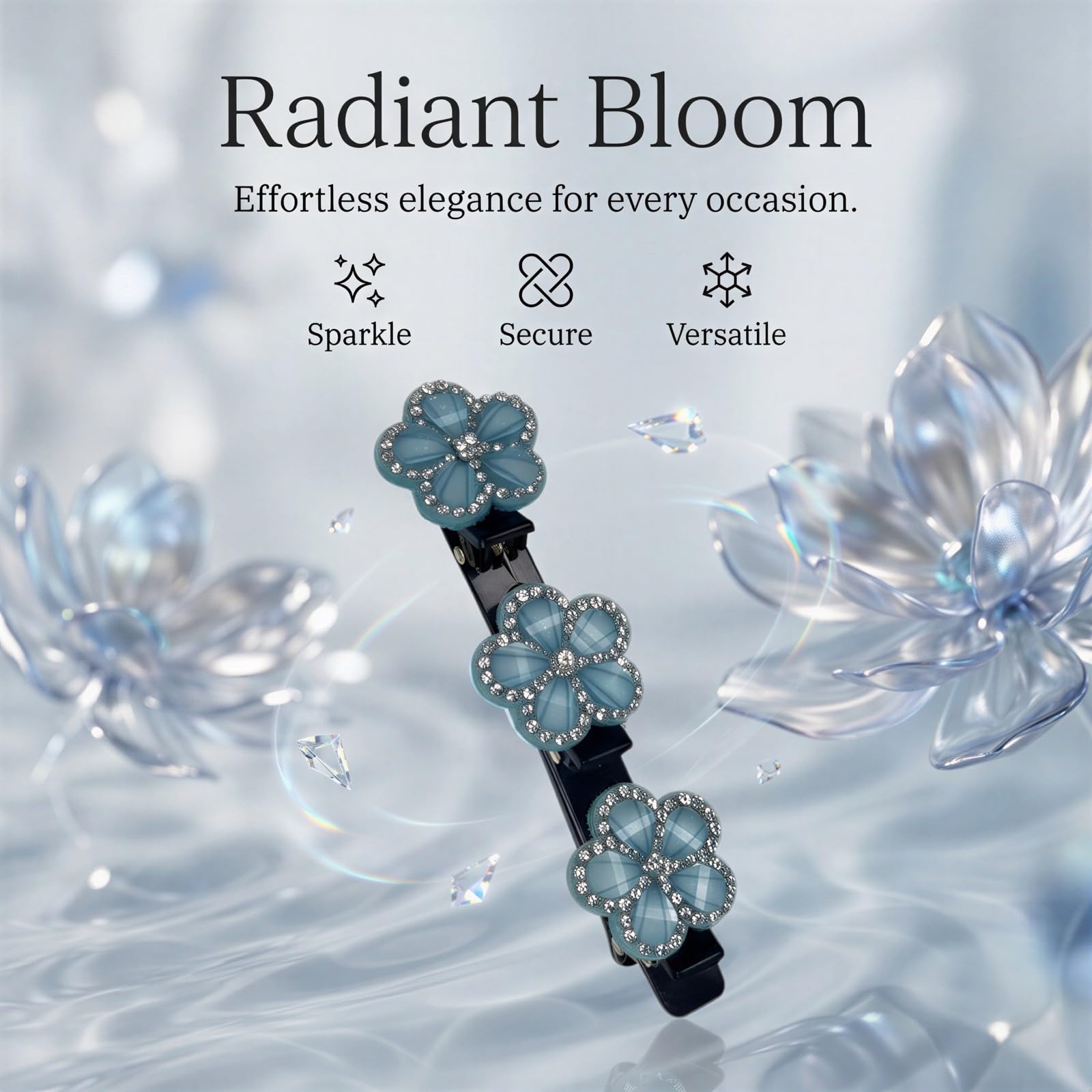 Three braided hair clips with crystal flower and rhinestones, blue and black, 3.7 inches, for women’s party and daily hairstyle accents.