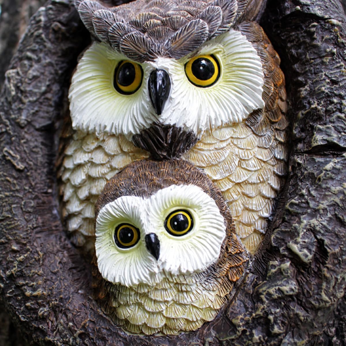 JARPSIRY owl tree hugger sculpture showing mom and baby owls on a whimsical outdoor garden tree face decor statue