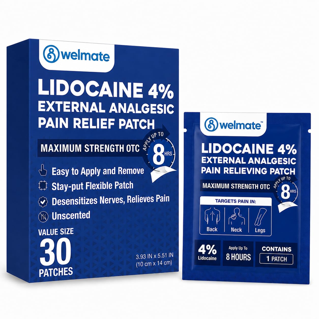 WELMATE 4% Lidocaine Pain Relief Patch Maximum Strength, 30 Count