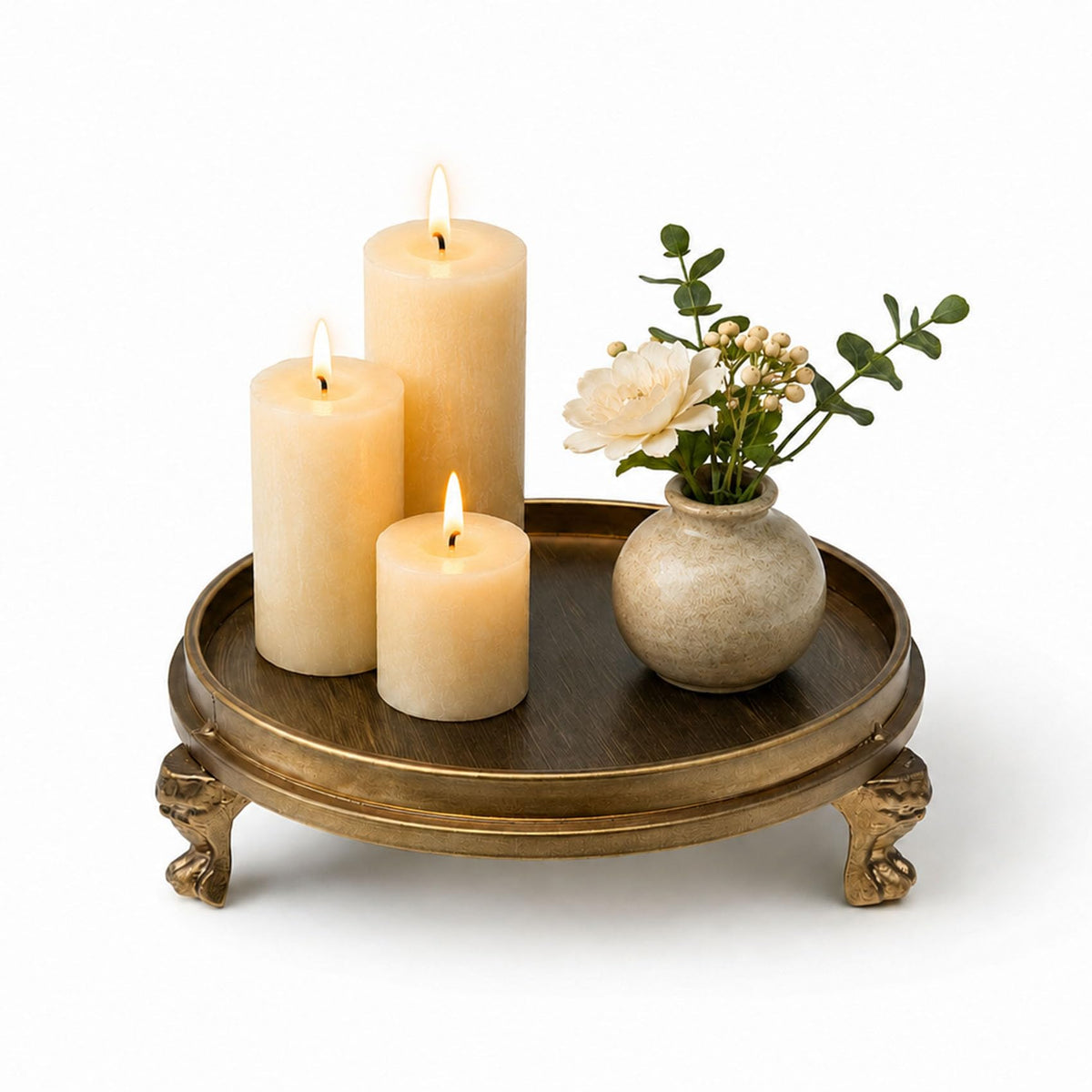 Vintage Brass Clawfoot Tray Round Pedestal Candle Holder and - OOGKA Official Imagery - 1