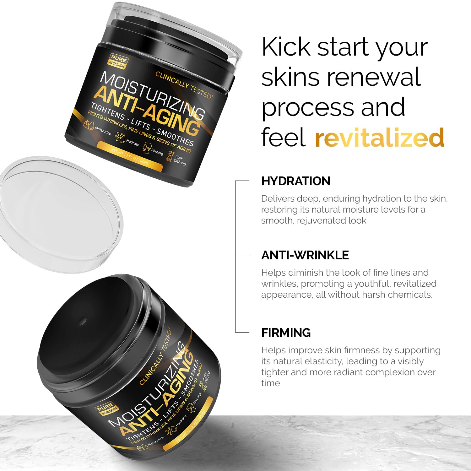 Men's face cream moisturizer by PURE RESEARCH, anti-aging collagen cream for men, shown in a sleek jar with a white lid.