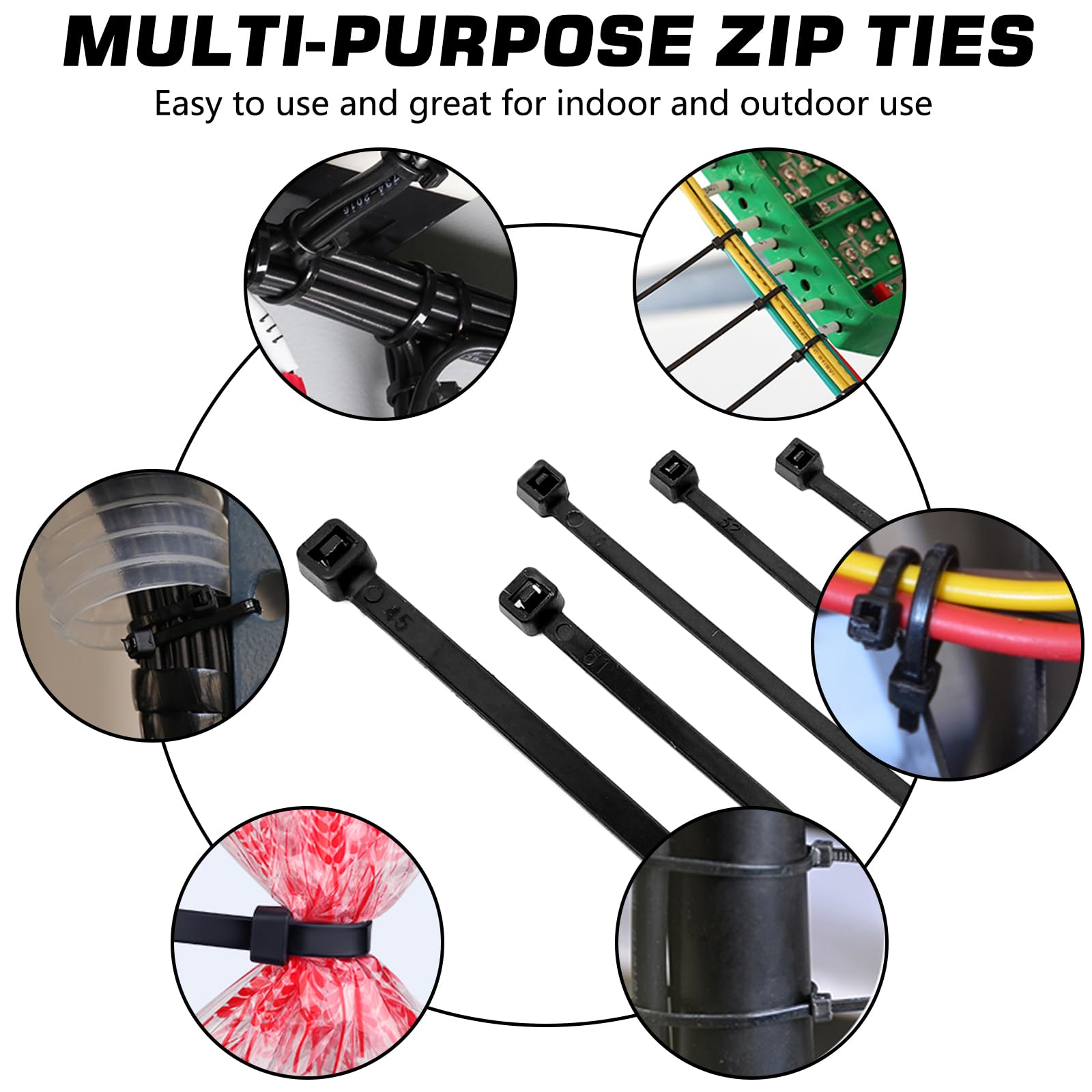 Black nylon cable zip ties, 4-inch self-locking wire ties, 250-pack for home, garden, garage, indoor and outdoor use.