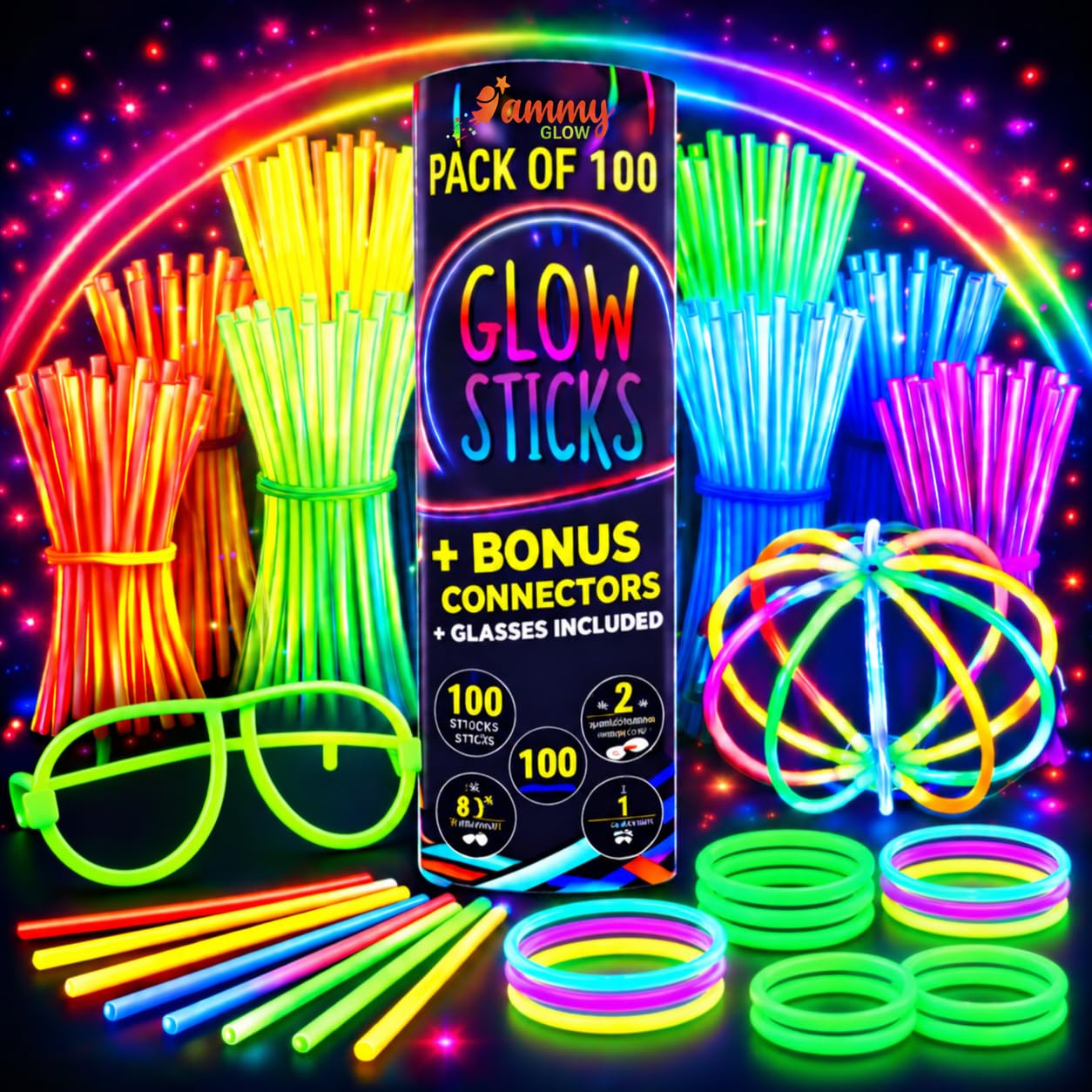 Glow Sticks (205 Pcs Kit) Bulk Party Pack-100 Pack Glow Sticks - Product Imagery