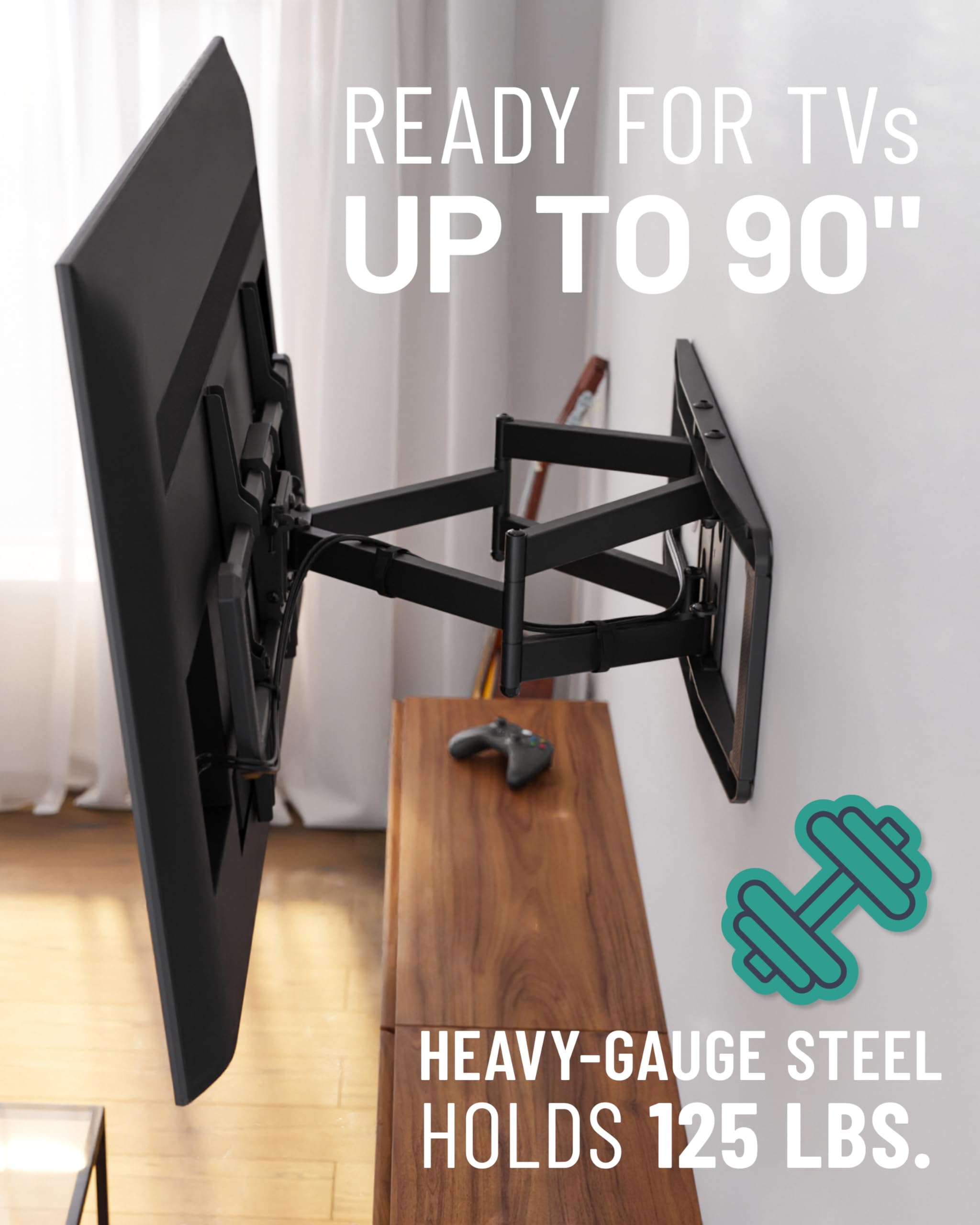 ECHOGEAR MaxMotion TV wall mount for 42-90 inch flat screen TVs, full motion swivel, tilt, extension, with hardware and drill template.