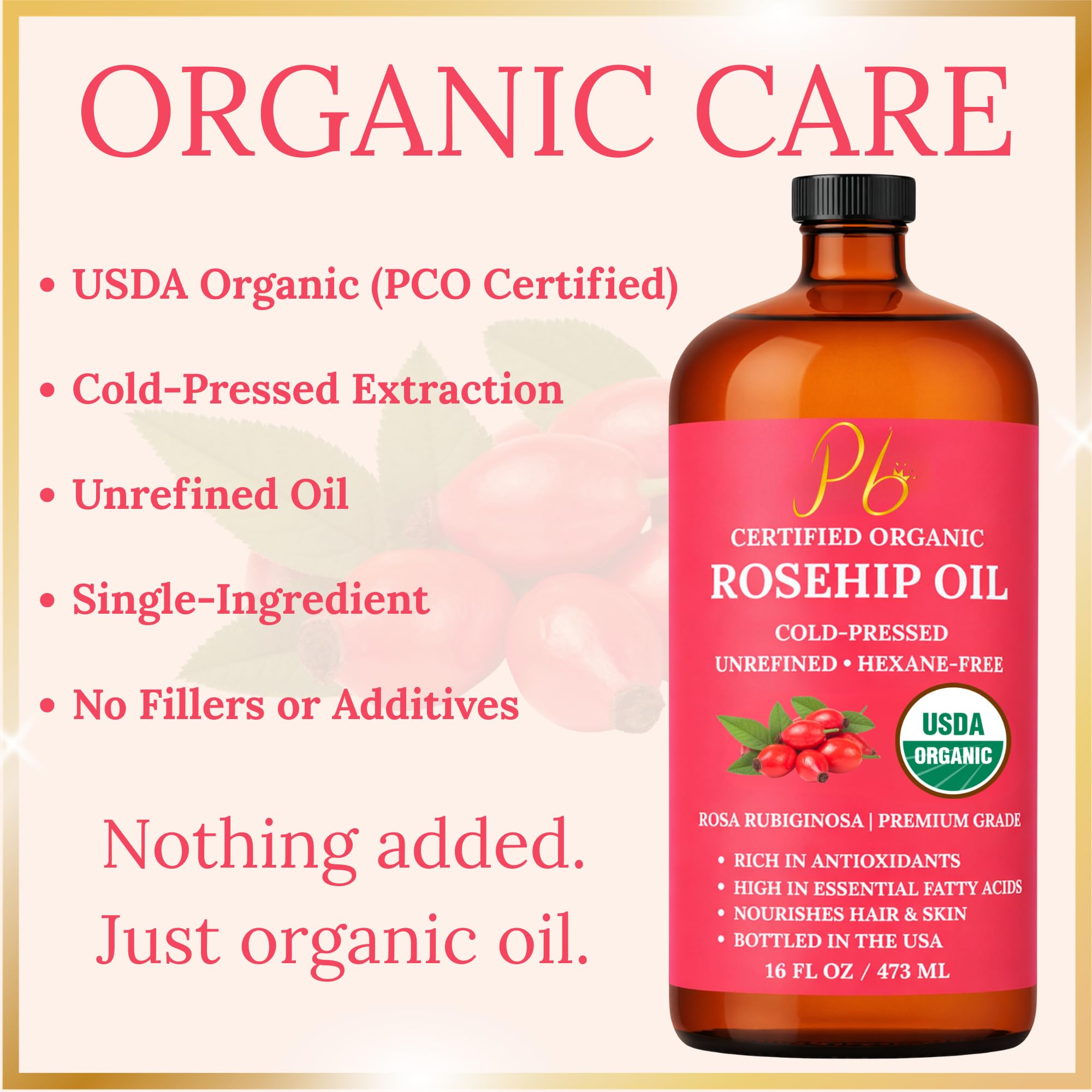 Pomberries Rosehip Oil, 16 fl oz Amber Glass Bottle, Rosehip Oil for Face, Skin - Pomberries Official Product View 5