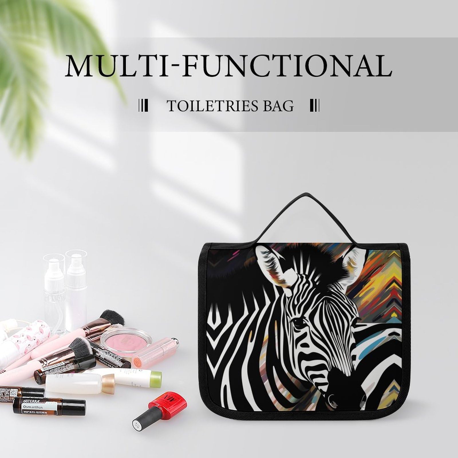 JTREHY abstract animal zebra hanging cosmetic case with multiple compartments, lightweight polyester travel toiletry organizer with hook.