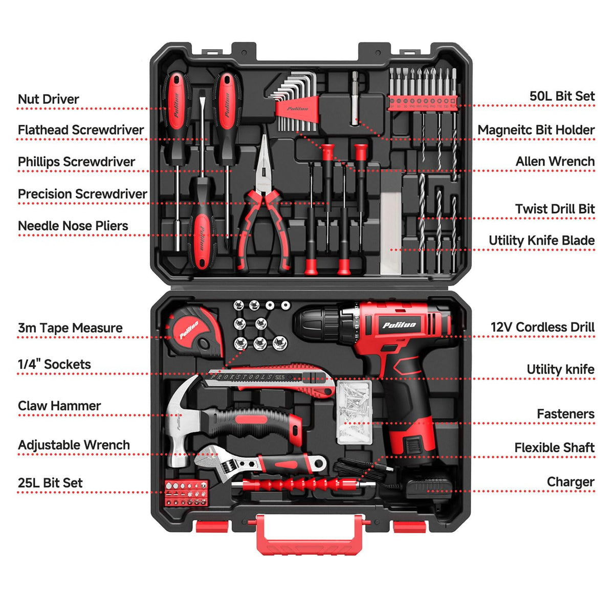 PULITUO 149 Piece Home Drill Set with Red 12V Cordless Drill - PULITUO Official Imagery - 3