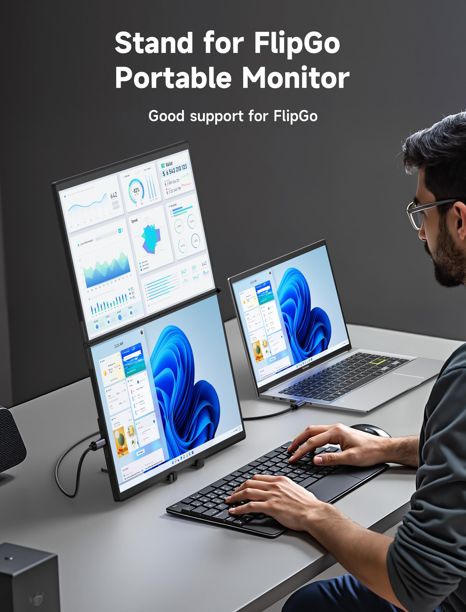 JSAUX portable monitor stand supporting FlipGo 13.5", 15.6", and 16" screens, flat screen display mount in black.