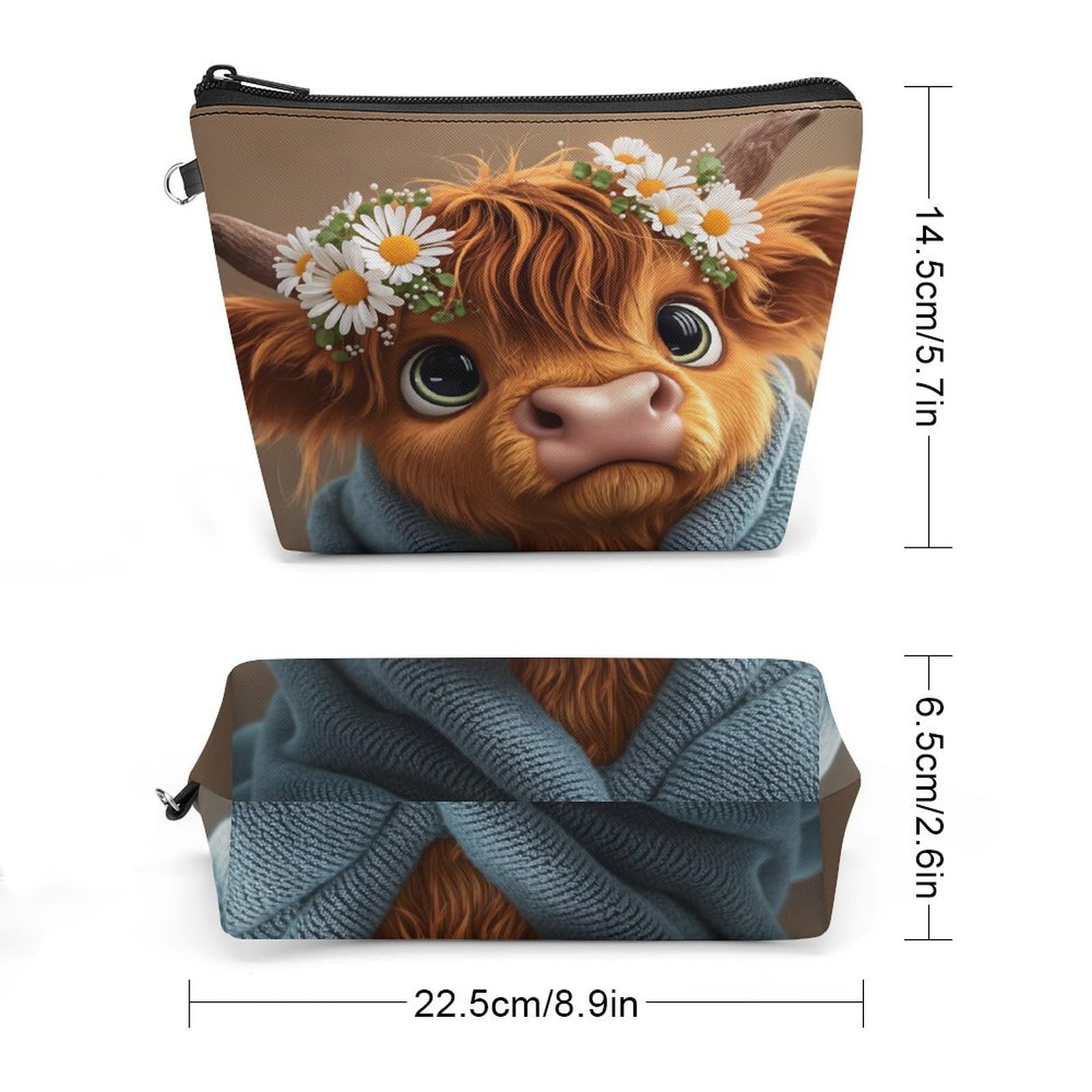 Qfsdijnig Cute Cow With Flowers And Scarf Makeup Bag for Women – Large Cosmetic Travel Pouch with Wrist Strap & Zipper, Soft Toiletry Organizer for Purse, Gym, Vacation – Gift for Her