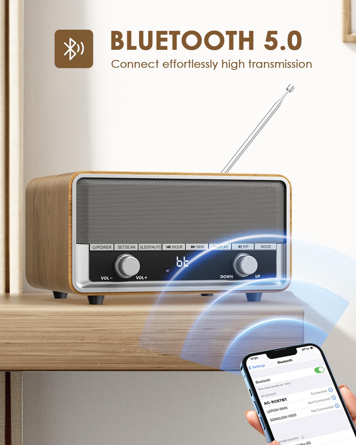 Vintage Audiocrazy wood AM FM Bluetooth radio with digital clock and built-in alarm, featuring a classic retro design and analog tuning dial