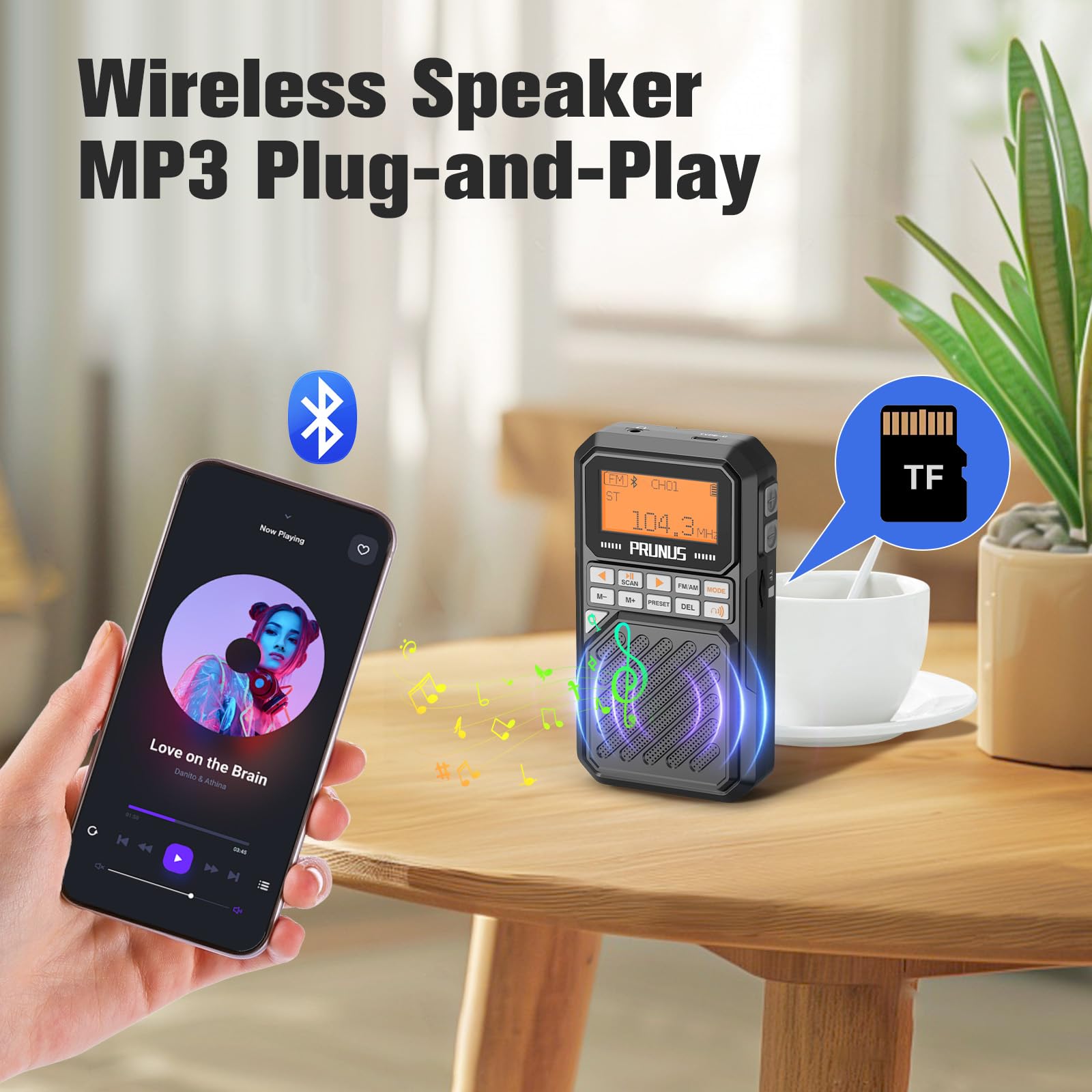 PRUNUS J525 AM FM Bluetooth Portable Radio with Sleep Timer