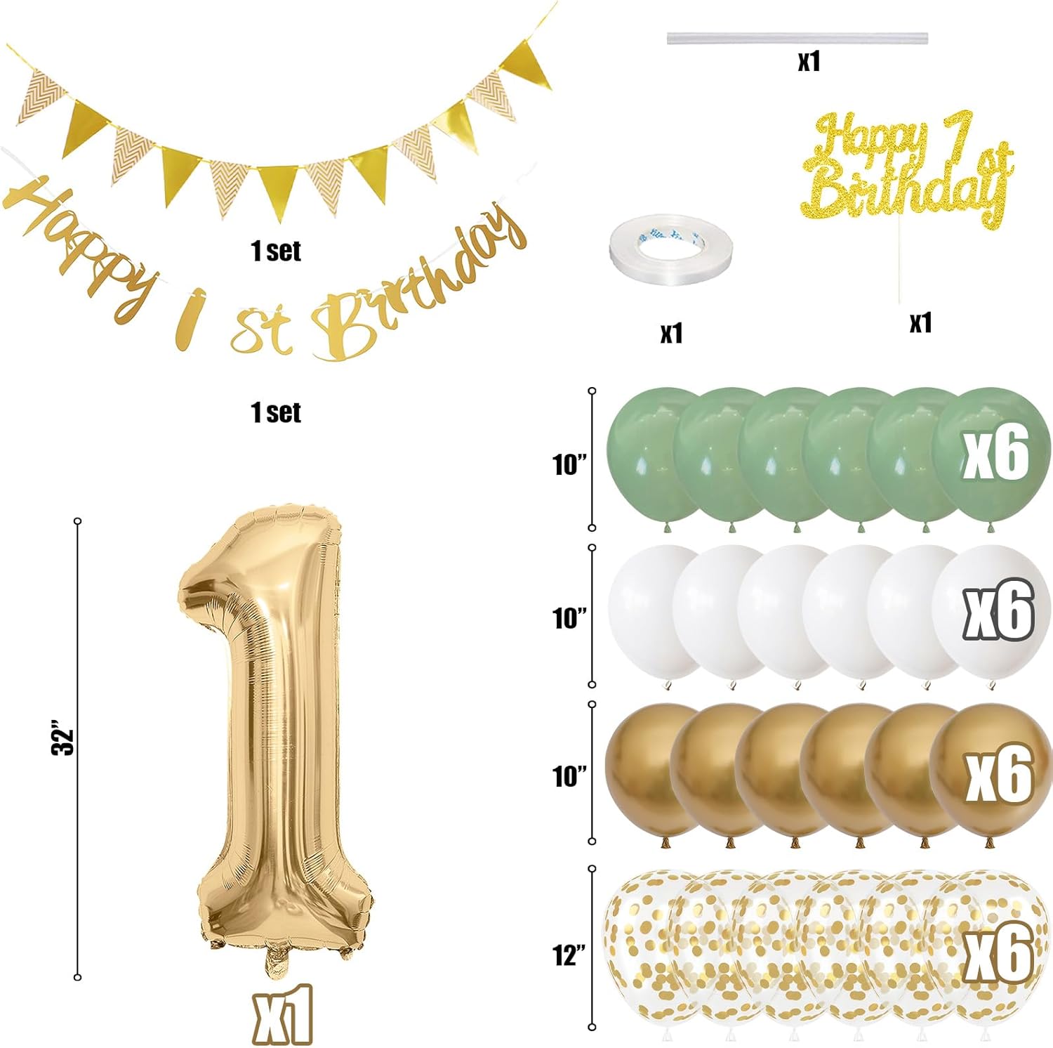 Sage green, white, and gold 1st birthday balloons for boys and girls, festive birthday decorations by Jobkoo