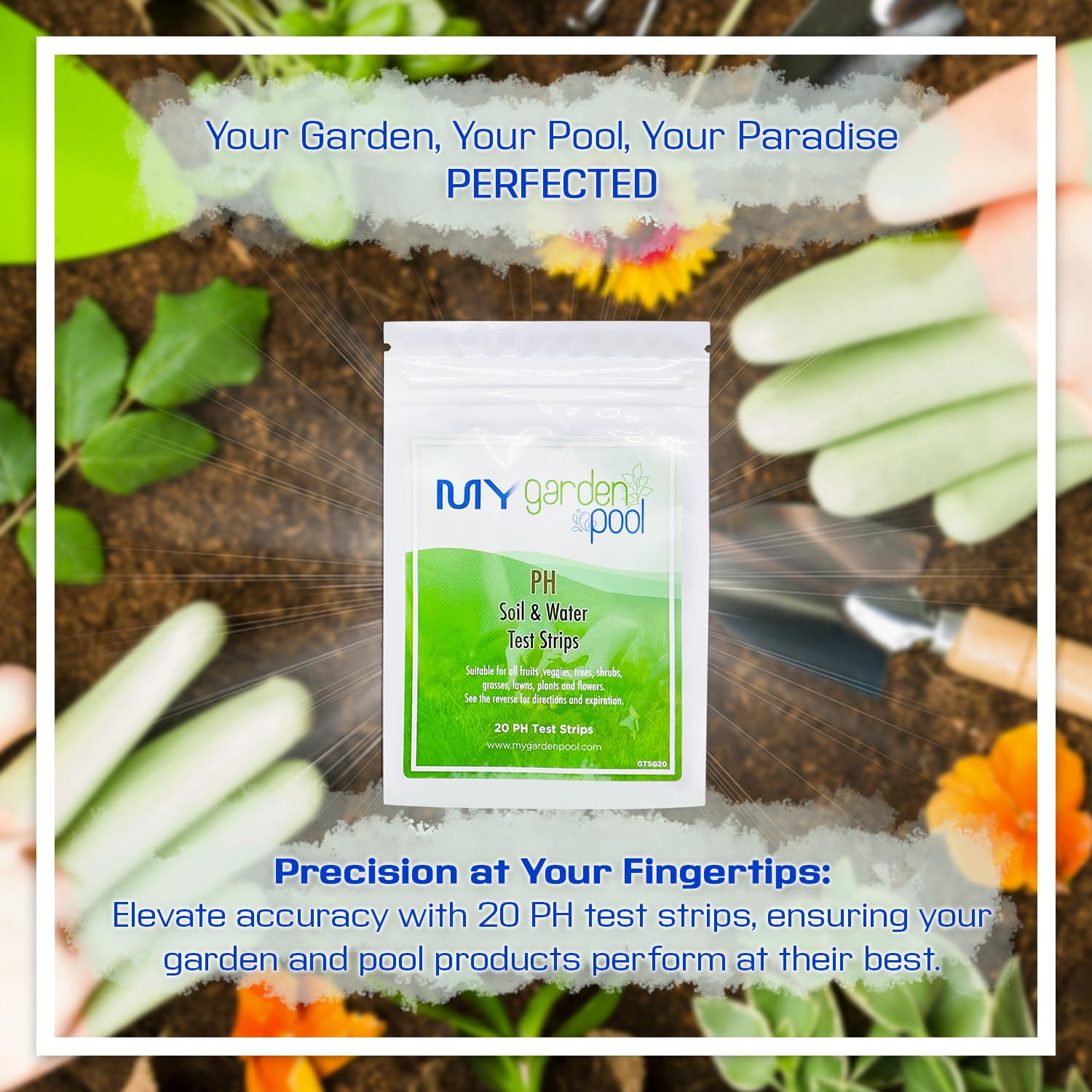 My Garden Pool Bone Meal 24 lb bag, soil test strips, gardening claw gloves, and Smart Gardening Assistant tools on a garden table.