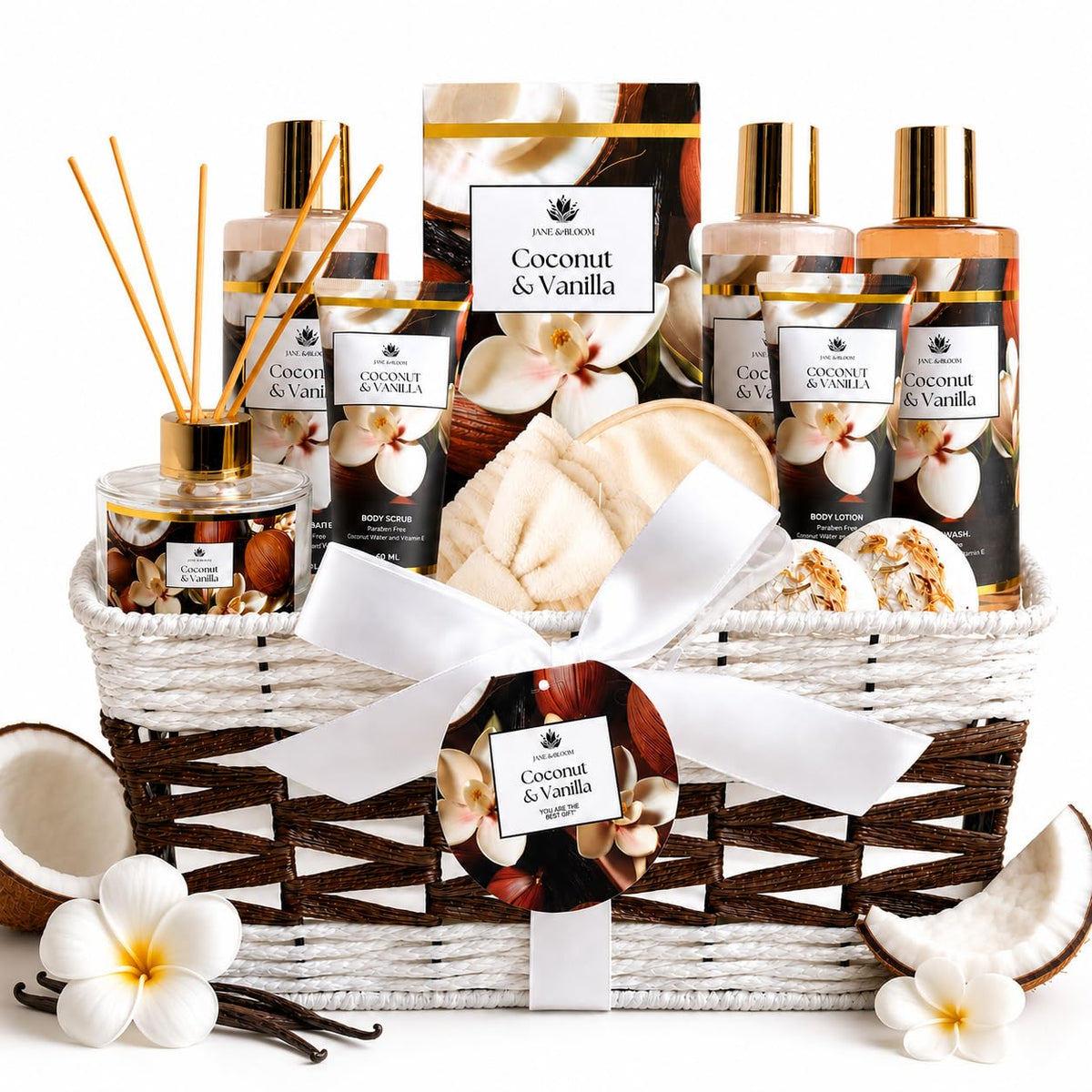 Spa Gift Basket for Women Coconut Vanilla 12 Piece Bath Gift - Jane & Bloom Official Imagery - 2