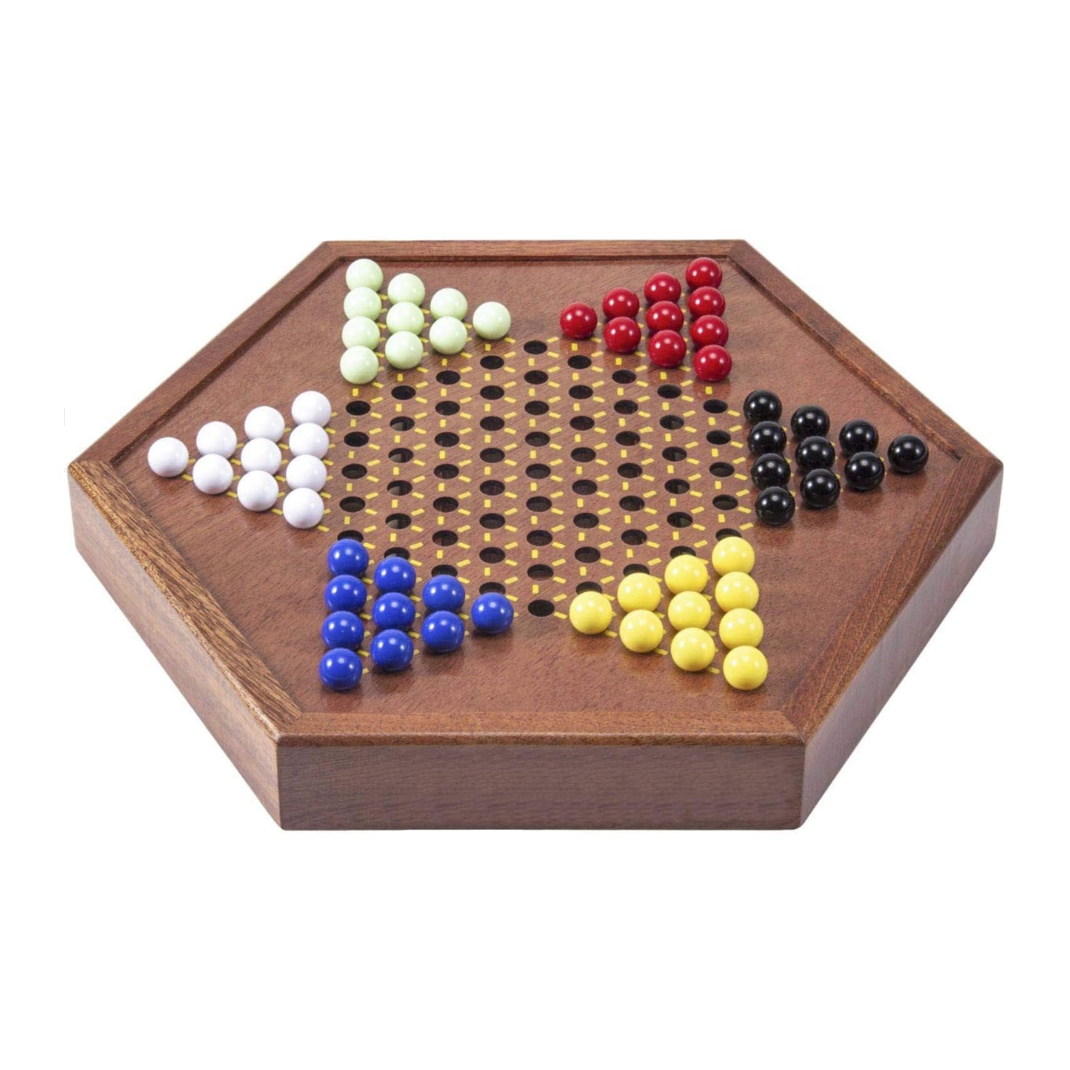 AMEROUS 12.5-inch wooden Chinese checkers set with storage drawer, featuring colorful marbles and a sturdy wooden game board.