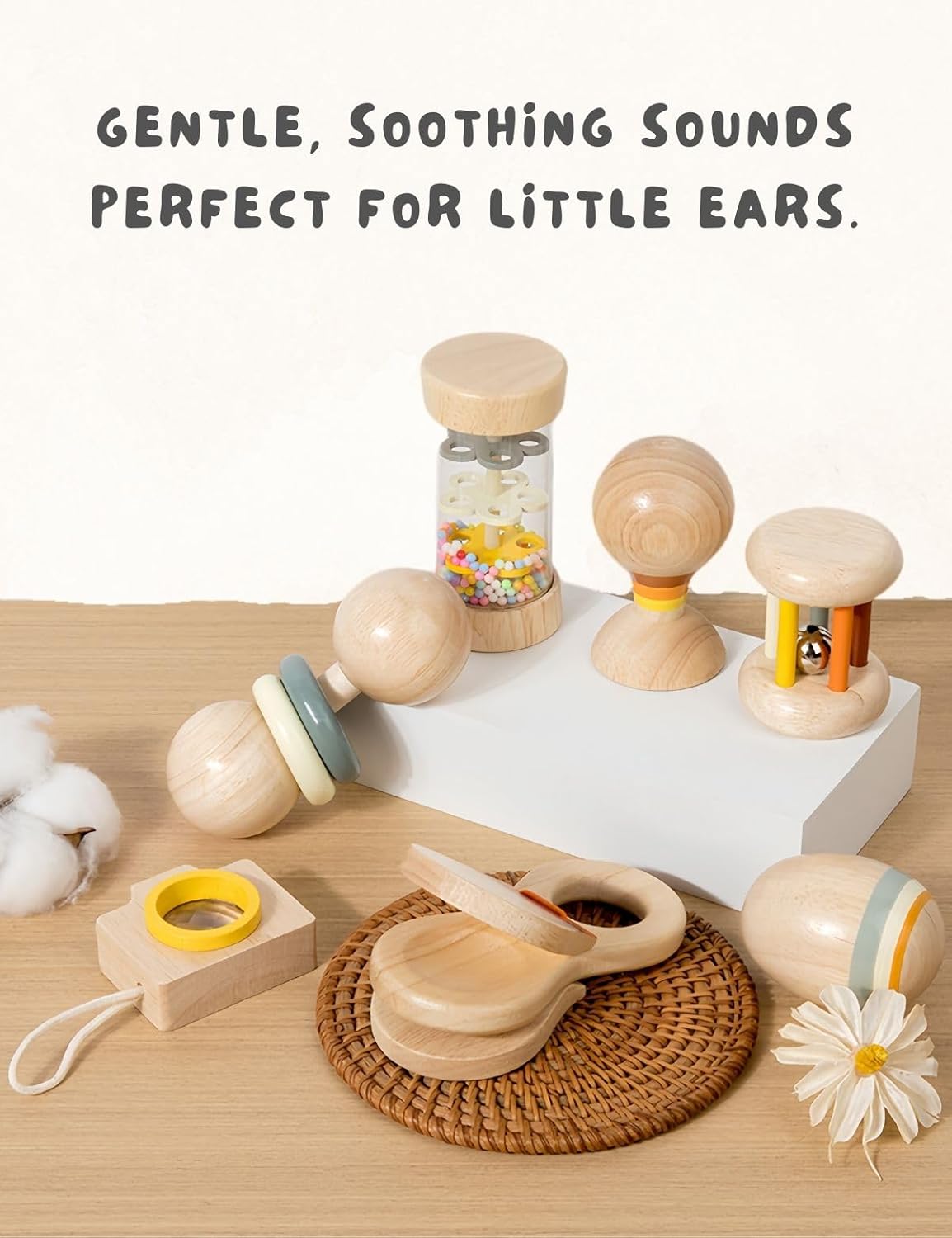 Set of 7 organic wooden baby toys including rattles and musical instruments for infants and toddlers, natural developmental toys.