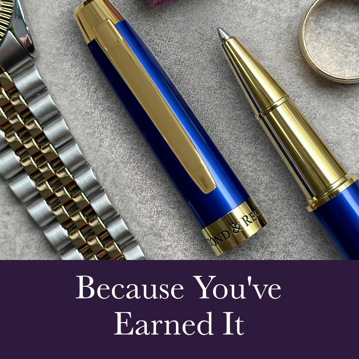 Bond & Regent 24K gold luxury rollerball pen with royal blue barrel and gold accents, elegant writing instrument.