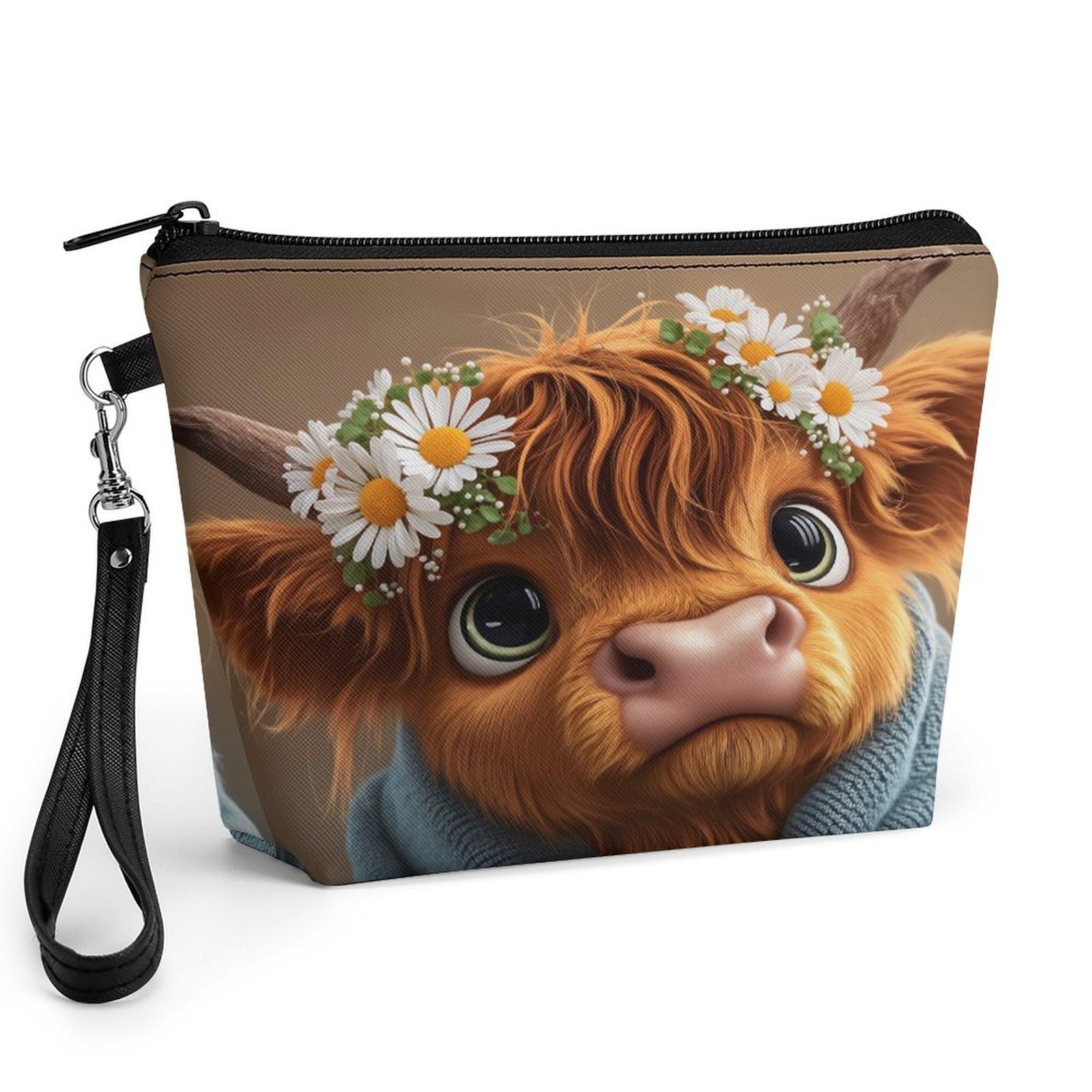 Qfsdijnig Cute Cow With Flowers And Scarf Makeup Bag for Women – Large Cosmetic Travel Pouch with Wrist Strap & Zipper, Soft Toiletry Organizer for Purse, Gym, Vacation – Gift for Her