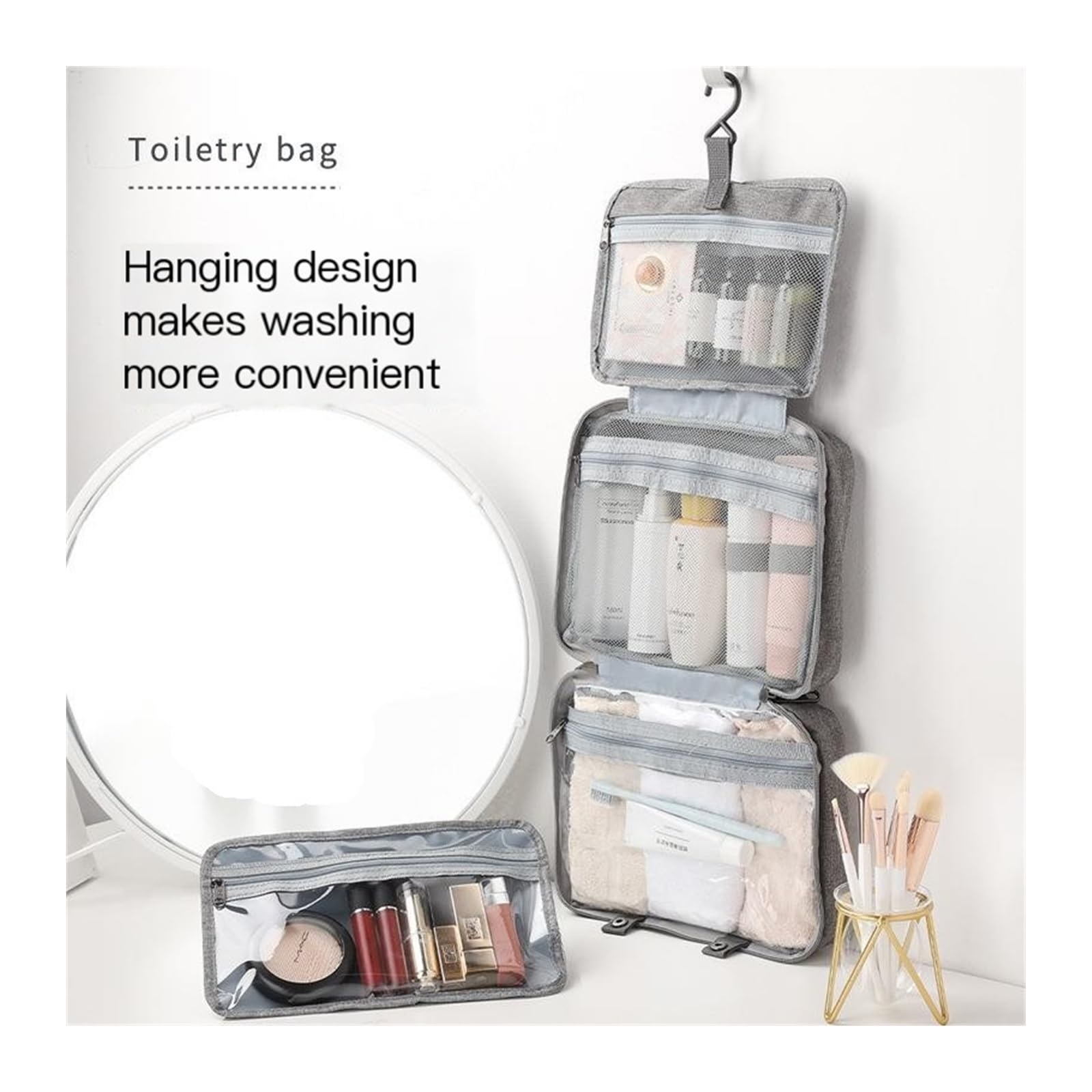 kinganrun Cosmetic Bag, Travel toiletries Bag, Foldable, Dry and Wet Separation, Three Folds, Suitable for Travel Home(Navy)