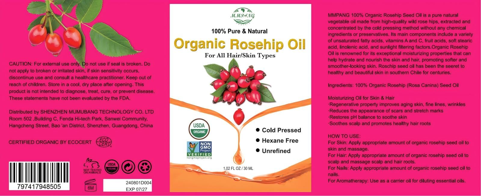 MMPANG Organic Rosehip Seed Oil for Face, USDA Certified, Cold Pressed - MMPANG Official Product View 9