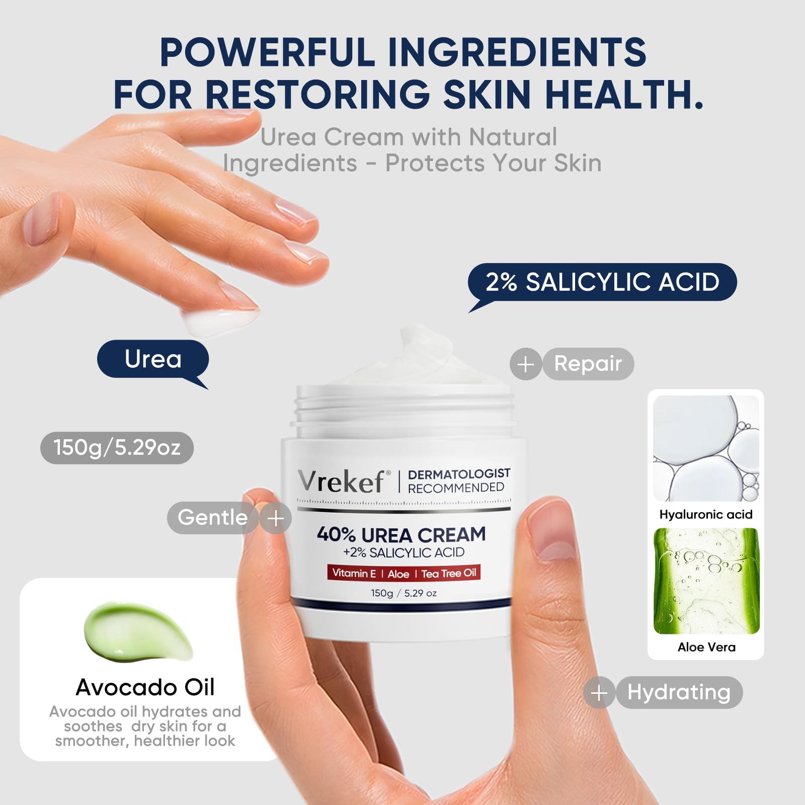 VREKEF 60% Urea and Salicylic Acid dry heel repair moisturizer in a 5oz jar, designed to soften and smooth rough, cracked heels.