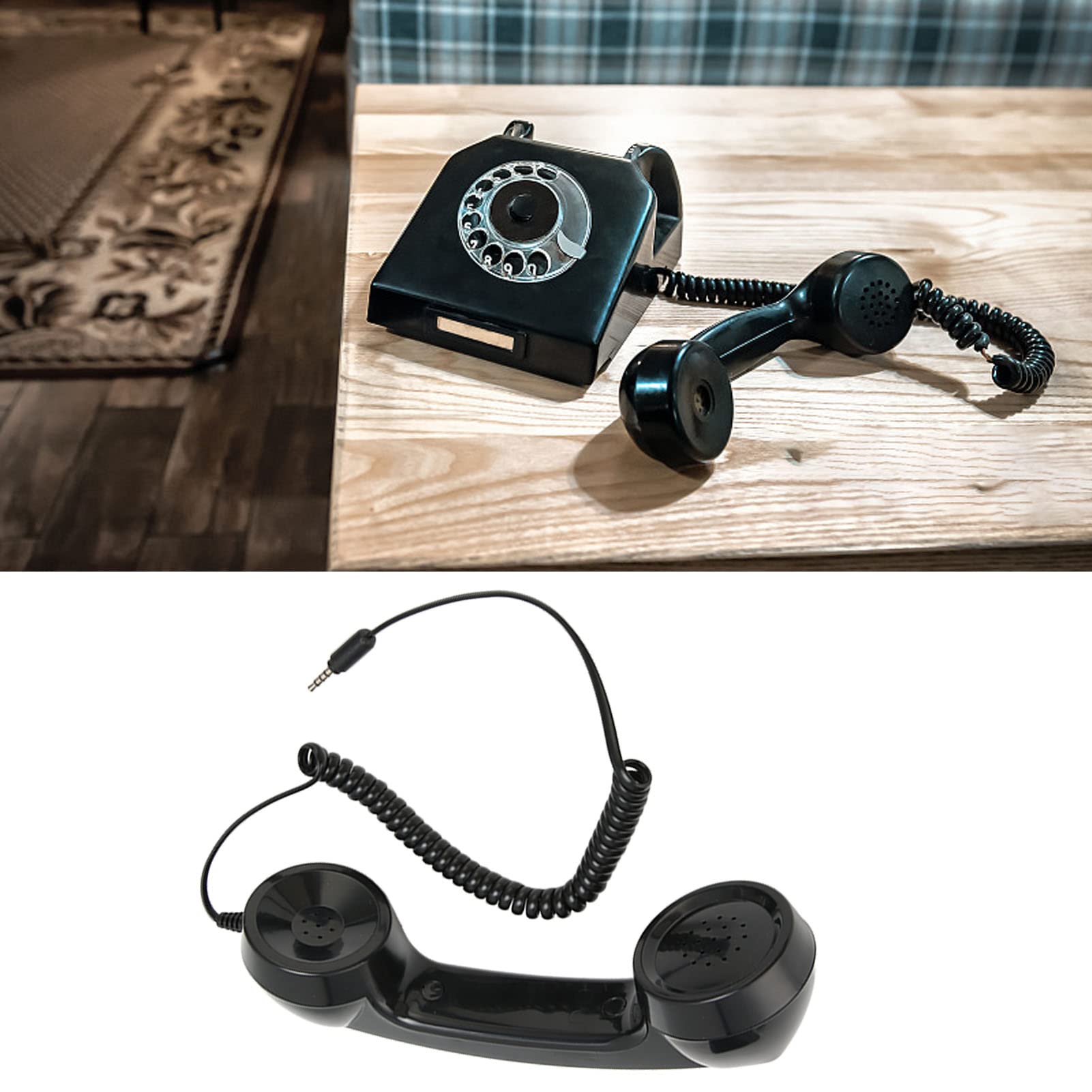 Black retro phone handset by Heayzoki with 3.5mm jack, handheld design, radiation-proof for mobile phones and computers.