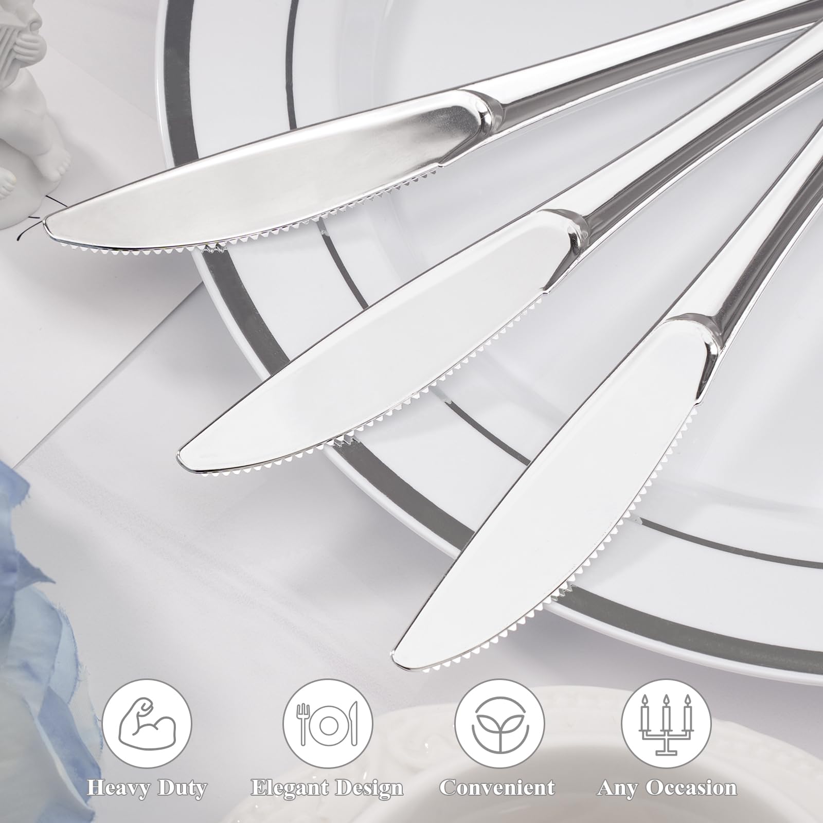 BESTVIP 100 Count Silver Disposable Plastic Knives, Look Like Rea - BESTVIP Official Product View 4