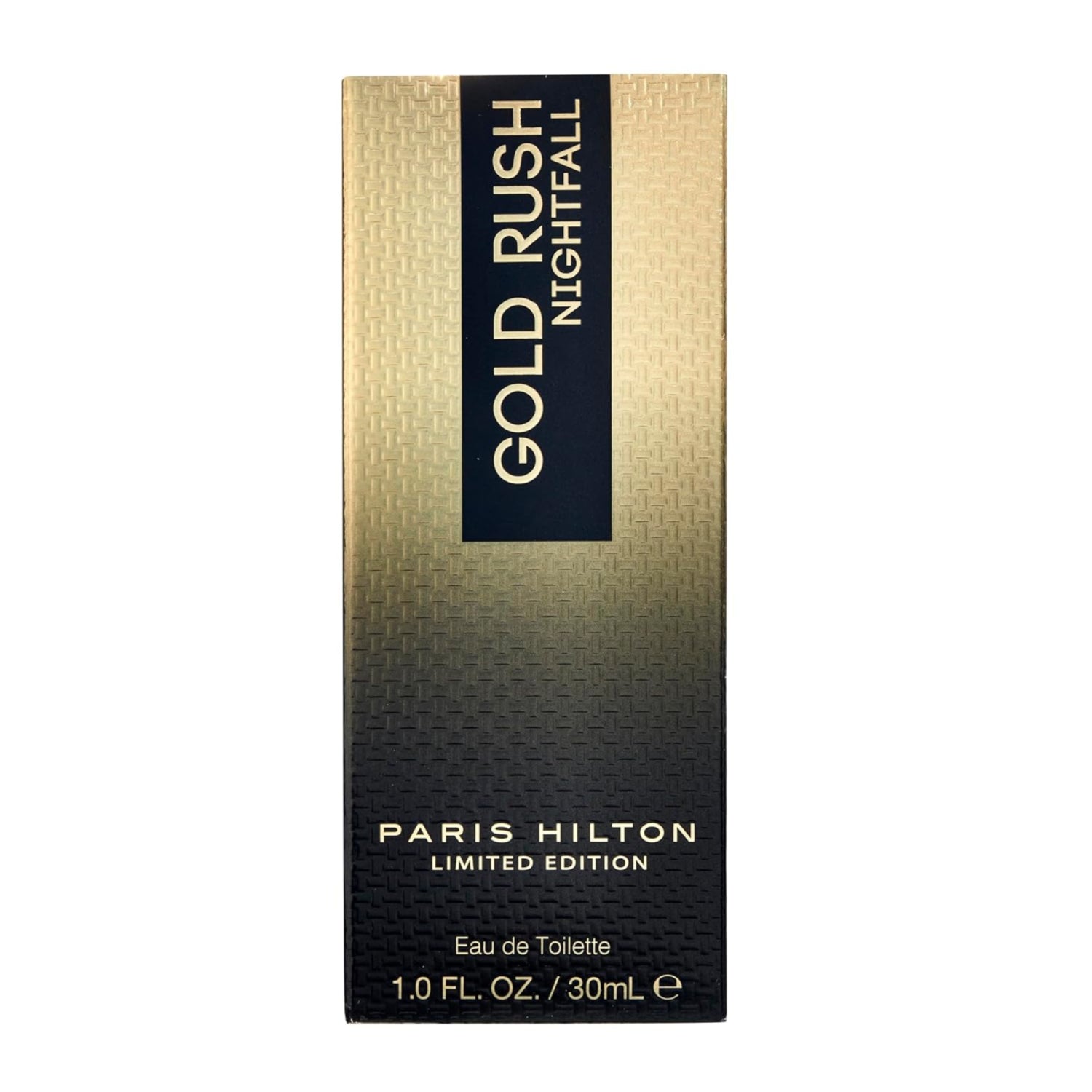 Paris Hilton Gold Rush Nightfall men's Eau de Toilette cologne bottle, 1 oz, with gold accents and elegant packaging.