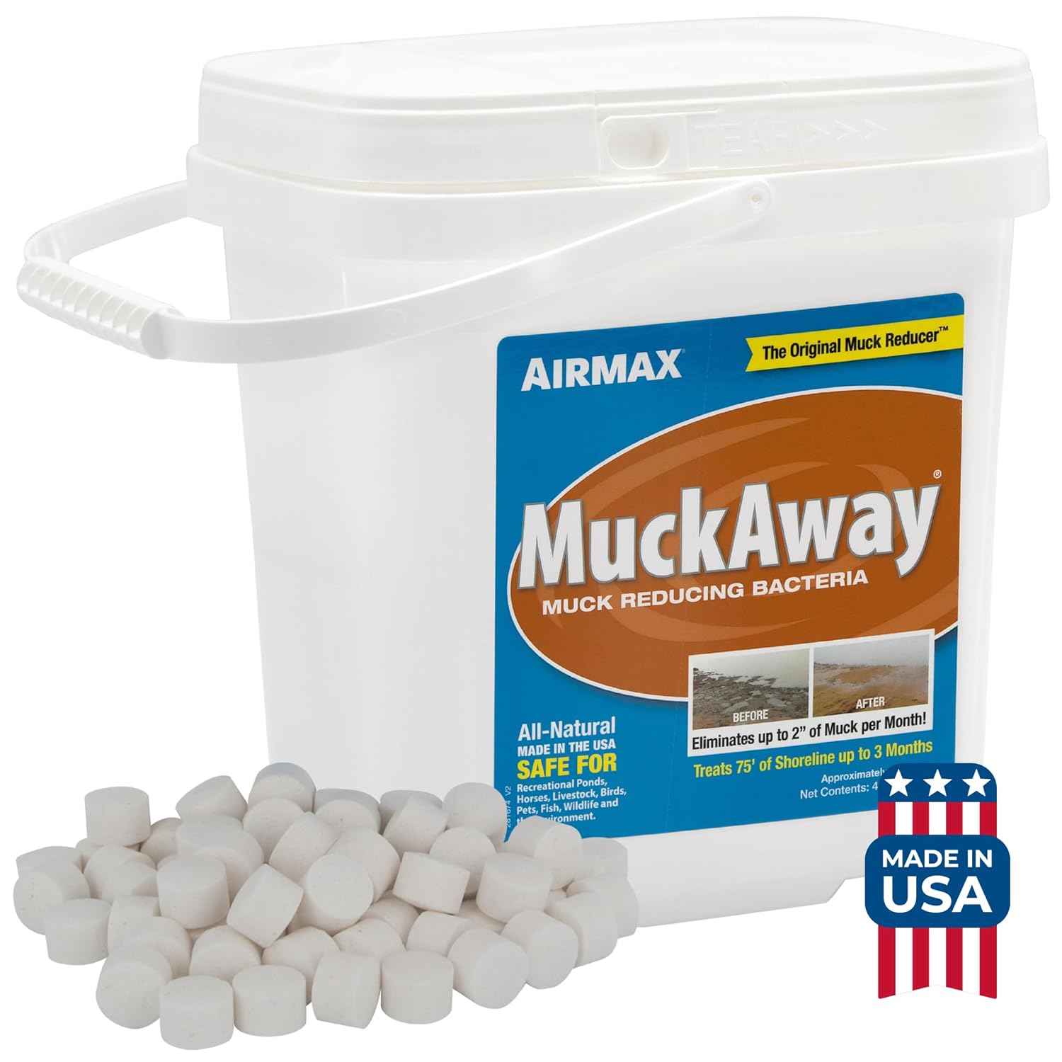 Airmax MuckAway natural beneficial bacteria for outdoor ponds and lakes, helping to reduce pond muck and sludge buildup.