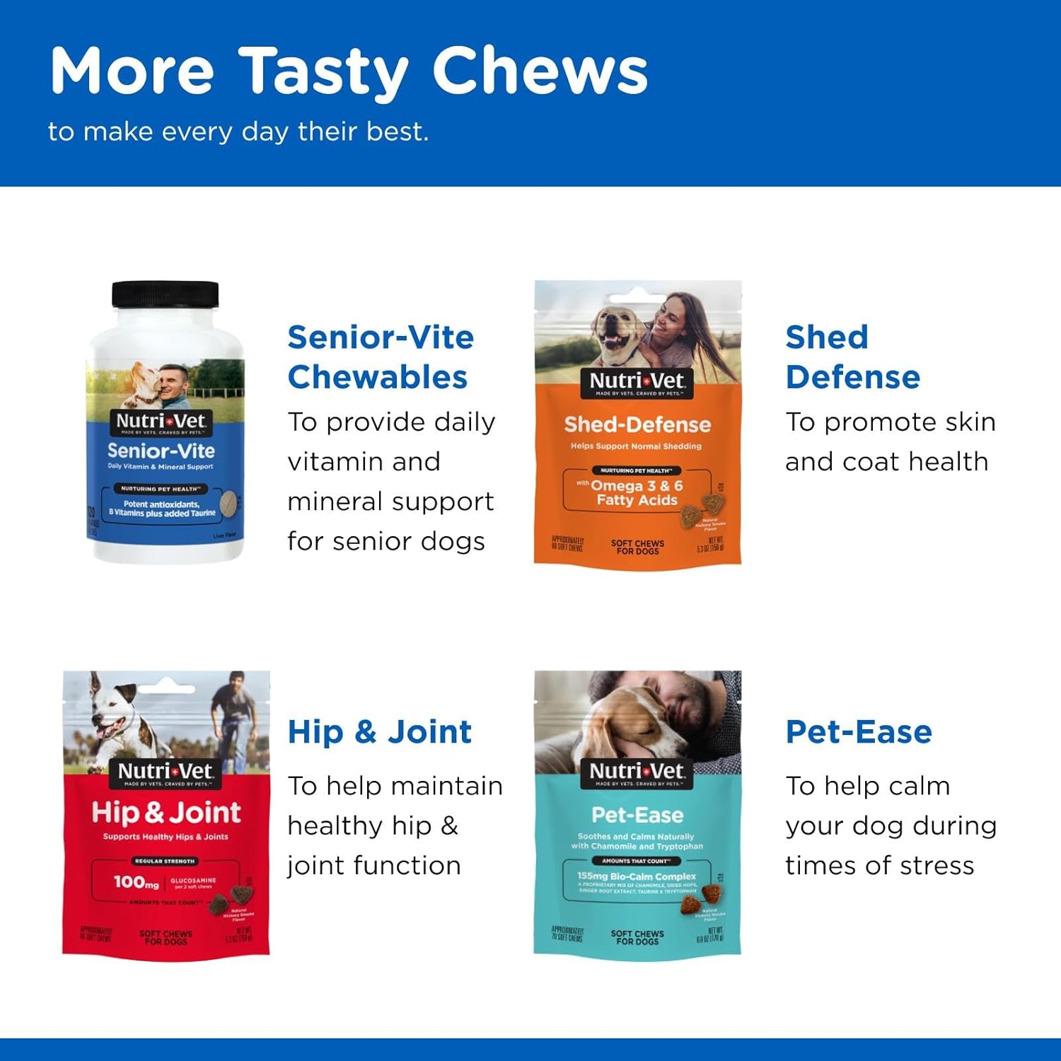 Nutri-Vet Multi-Vite Chewables for adult dogs, daily dog vitamins, showing tasty chewable tablets in the image.
