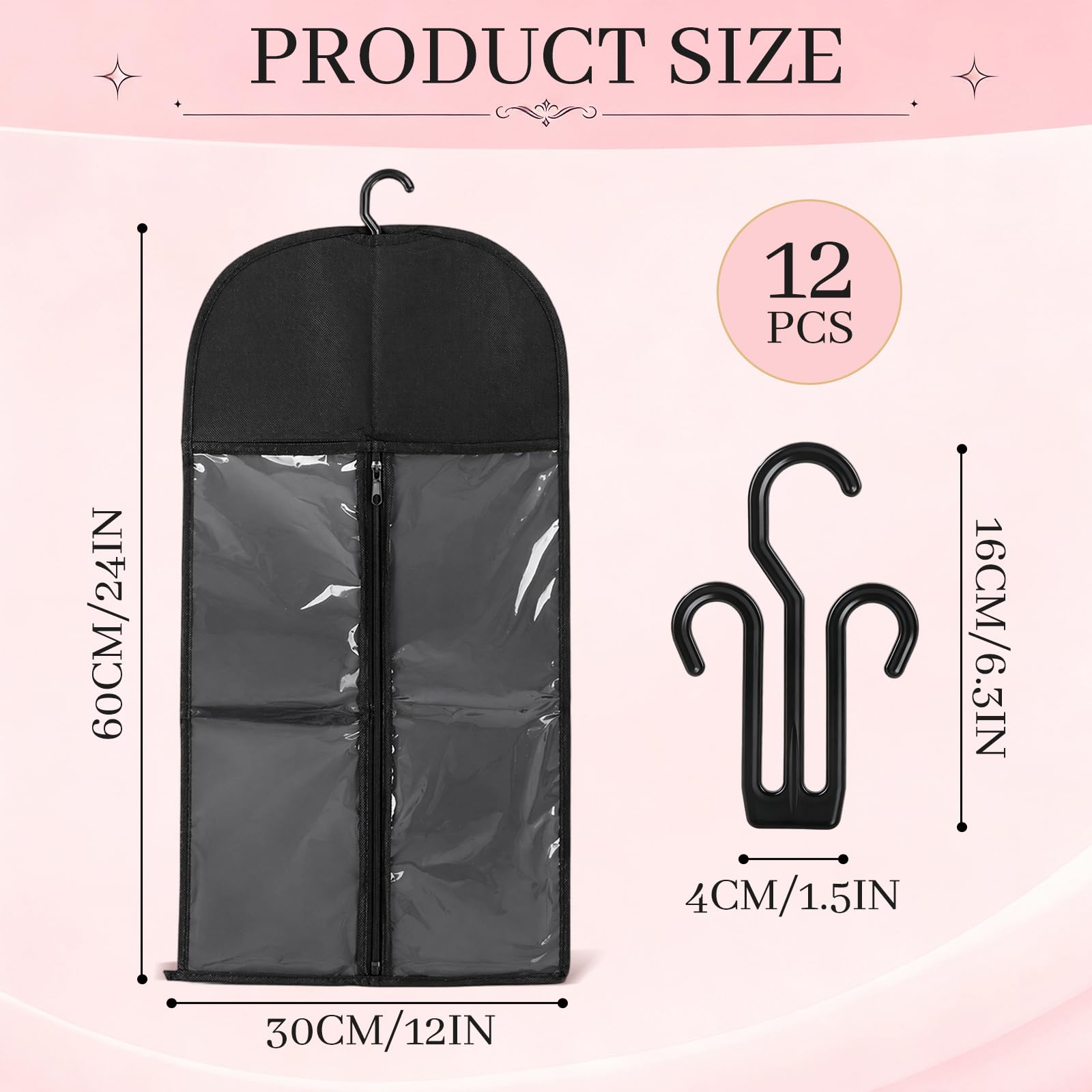 Awiniyeer 12 PCS Wig Storage Bags with Hanger, Dust-Proof Wig Holder for Multiple Wigs, Hair Extensions and Accessories, Clear Window Wigs Bags Storage Organizer(Black)