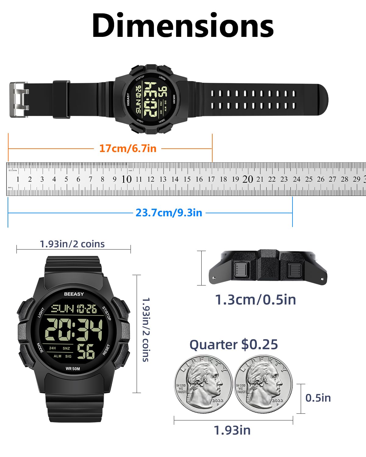 Beeasy Mens Digital Sports Watch 50M Waterproof 49mm Rubber - Beeasy Official Imagery - 5