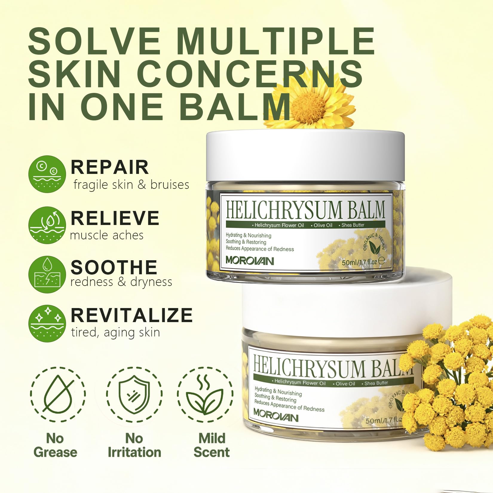 Morovan Helichrysum Bruise Balm skin and muscle relief moisturizer in a jar, with herbal ingredients for soothing and healing.