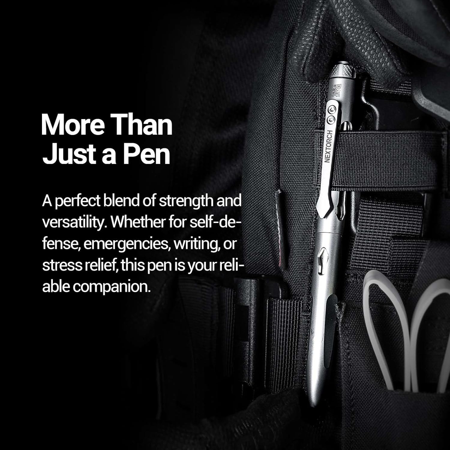 NEXTORCH NP11 Ti Bolt Action Tactical Pen with ceramic bead glass breaker head, featuring a sleek titanium design and functional writing tip.