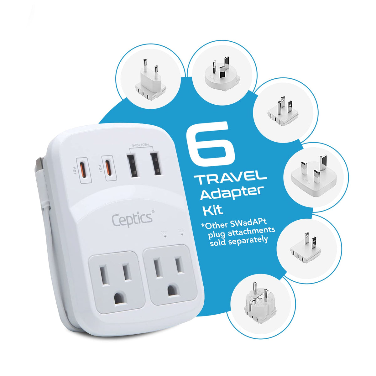 Ceptics World Travel Adapter Kit 2 USB A USB C US Outlets - Ceptics Official Imagery - 3
