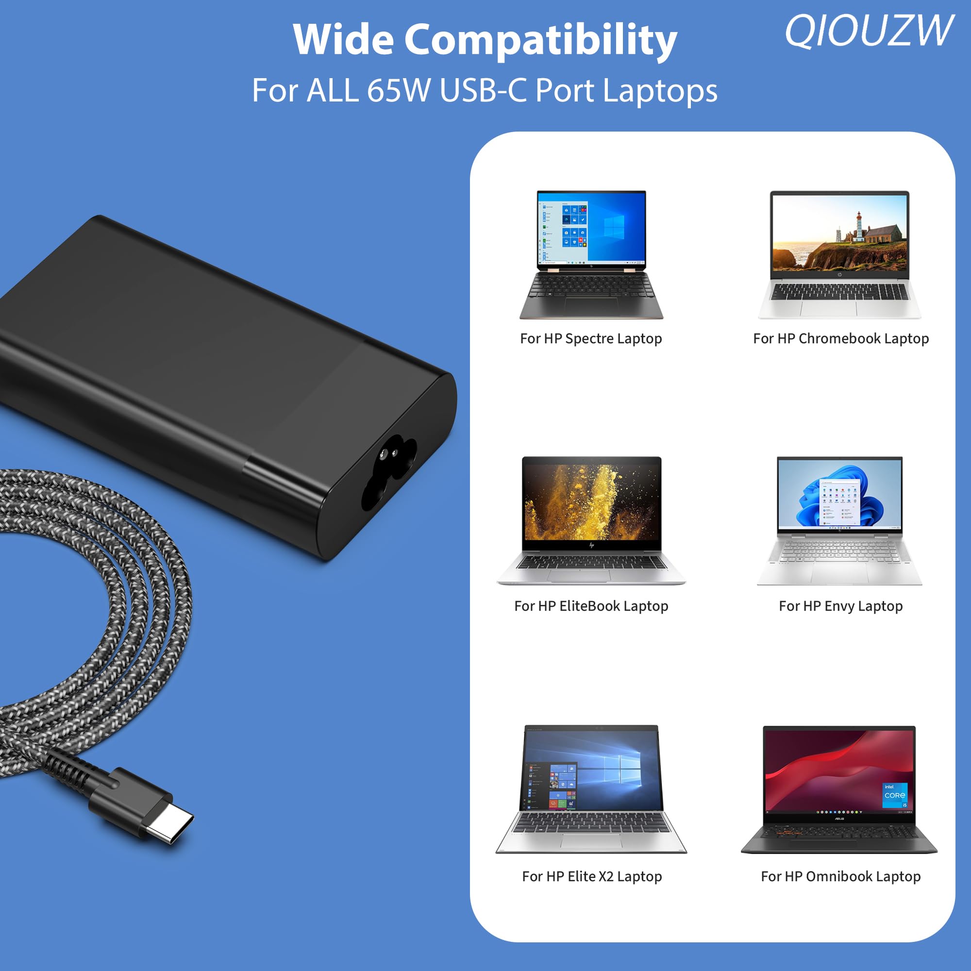 QIOUZW 65W USB-C Laptop Charger for HP – Fast Travel Adapter