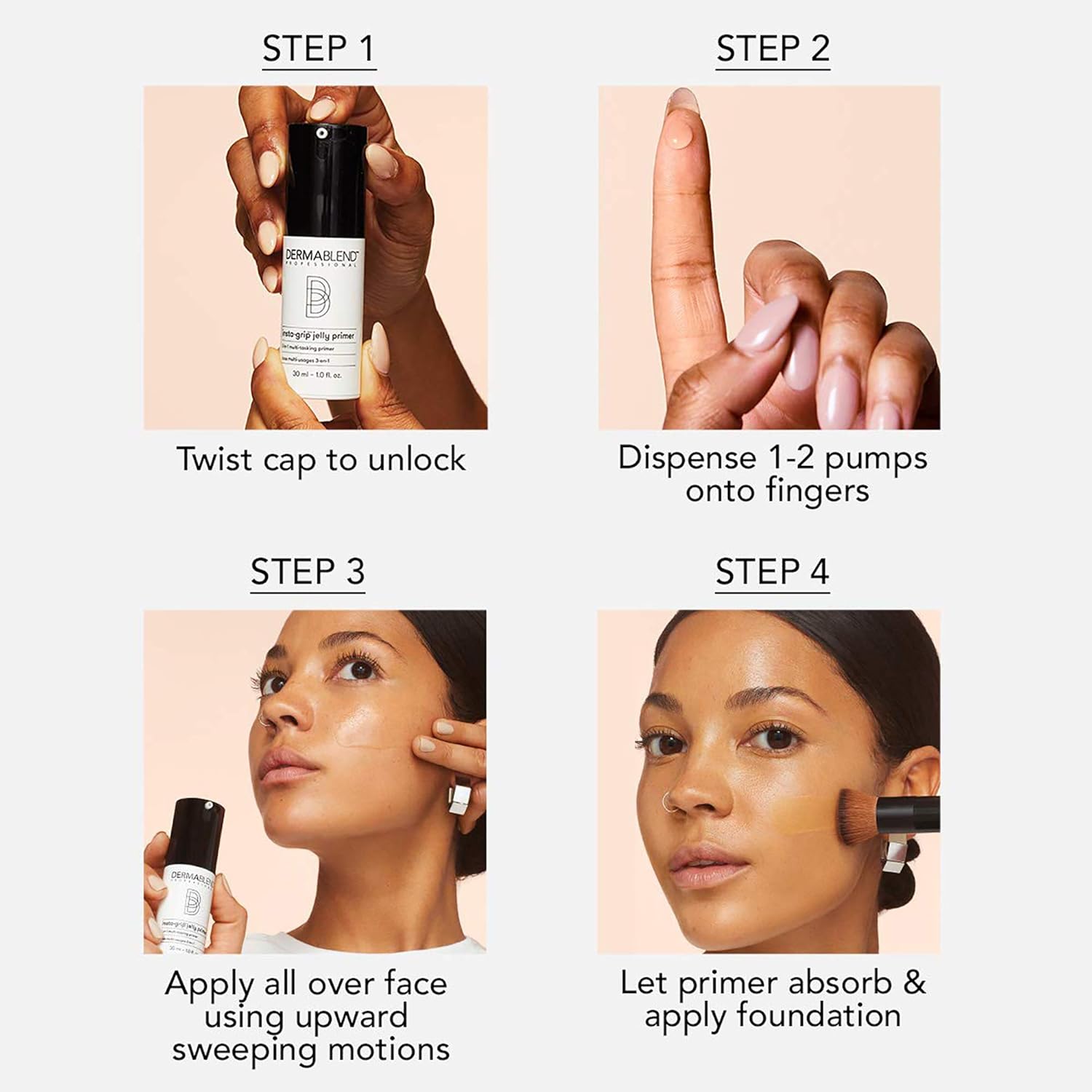 Dermablend Insta-Grip Jelly Primer for face, silicone-free, with a clear gel texture and smooth application on skin.