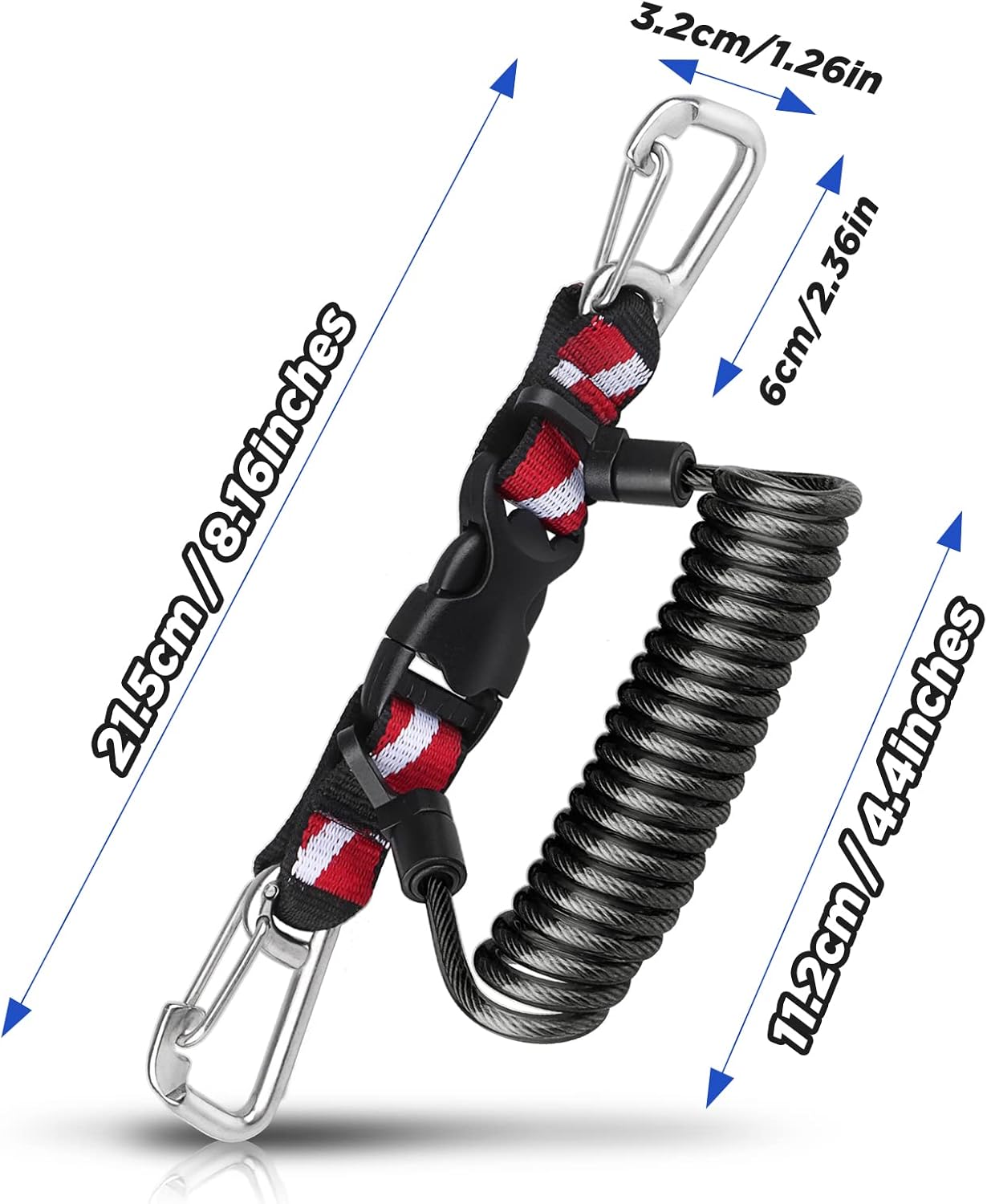 Stainless steel scuba retractable lanyard with double clips and spiral core, designed for secure attachment and durability.