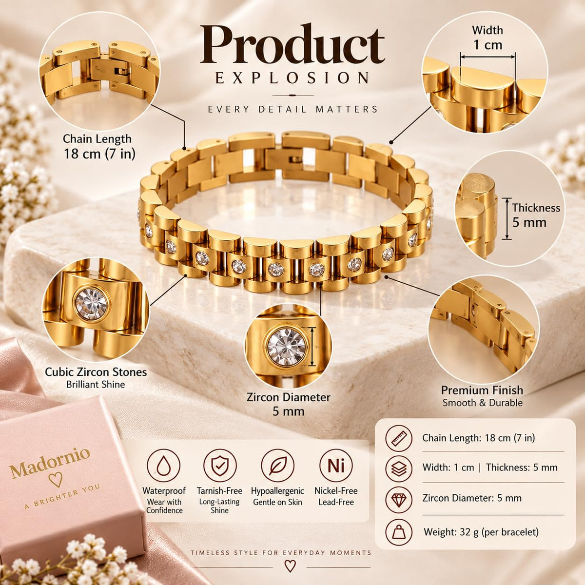 18K Gold Plated Stainless Steel Bracelet for Women Non - Madornio Official Imagery - 3