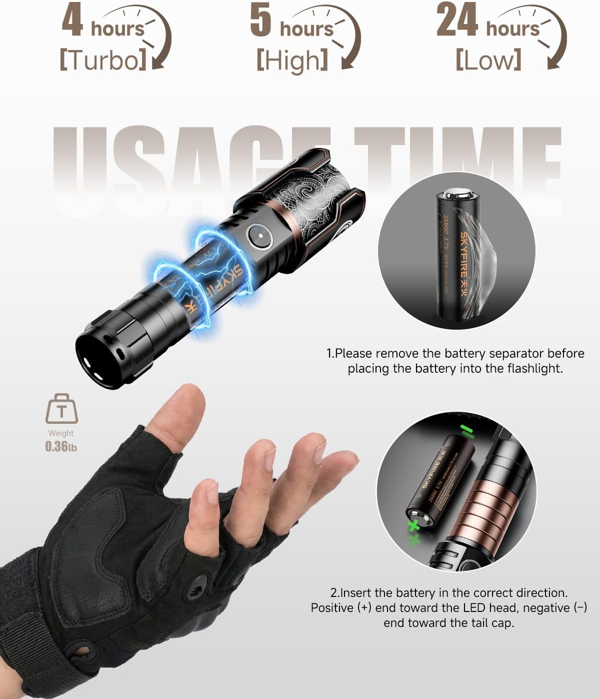 SKYFIRE rechargeable tactical flashlight with high lumens LED light, compact, durable design for outdoor and emergency use
