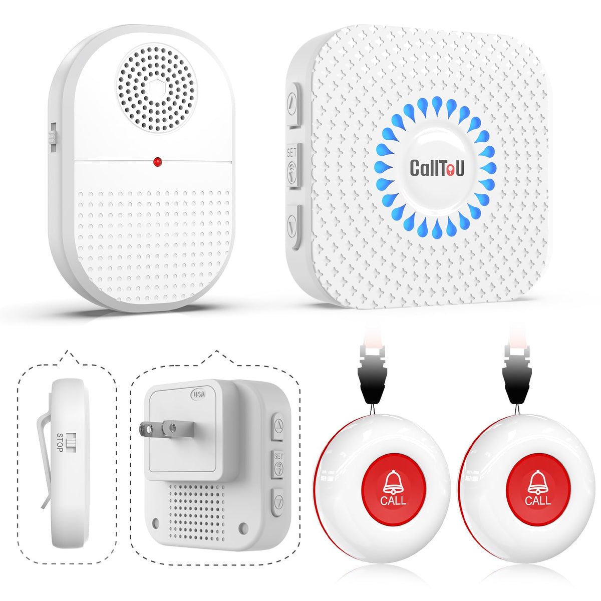 CallToU Wireless Caregiver Pager 2 Buttons Vibrating Plug in - CallToU Official Imagery - 1